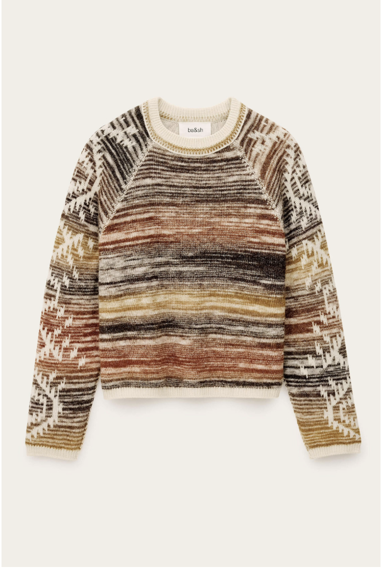 The BA&SH Jumper Clodie is a long-sleeve wool sweater with a crew neck, featuring horizontal earthy-tone stripes in brown, beige, and mustard, plus geometric sleeve patterns.
