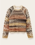 The BA&SH Jumper Clodie is a long-sleeve wool sweater with a crew neck, featuring horizontal earthy-tone stripes in brown, beige, and mustard, plus geometric sleeve patterns.