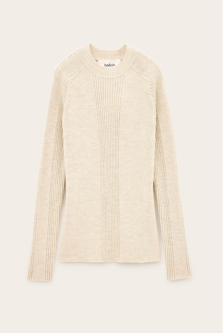 The BA&SH Jumper Banny is a beige wool sweater with long sleeves, a crew neckline, and vertical ribbed details on the front, sleeves, and sides. Laid flat on a light background. Do not iron at high temperatures.