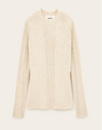 The BA&SH Jumper Banny is a beige wool sweater with long sleeves, a crew neckline, and vertical ribbed details on the front, sleeves, and sides. Laid flat on a light background. Do not iron at high temperatures.