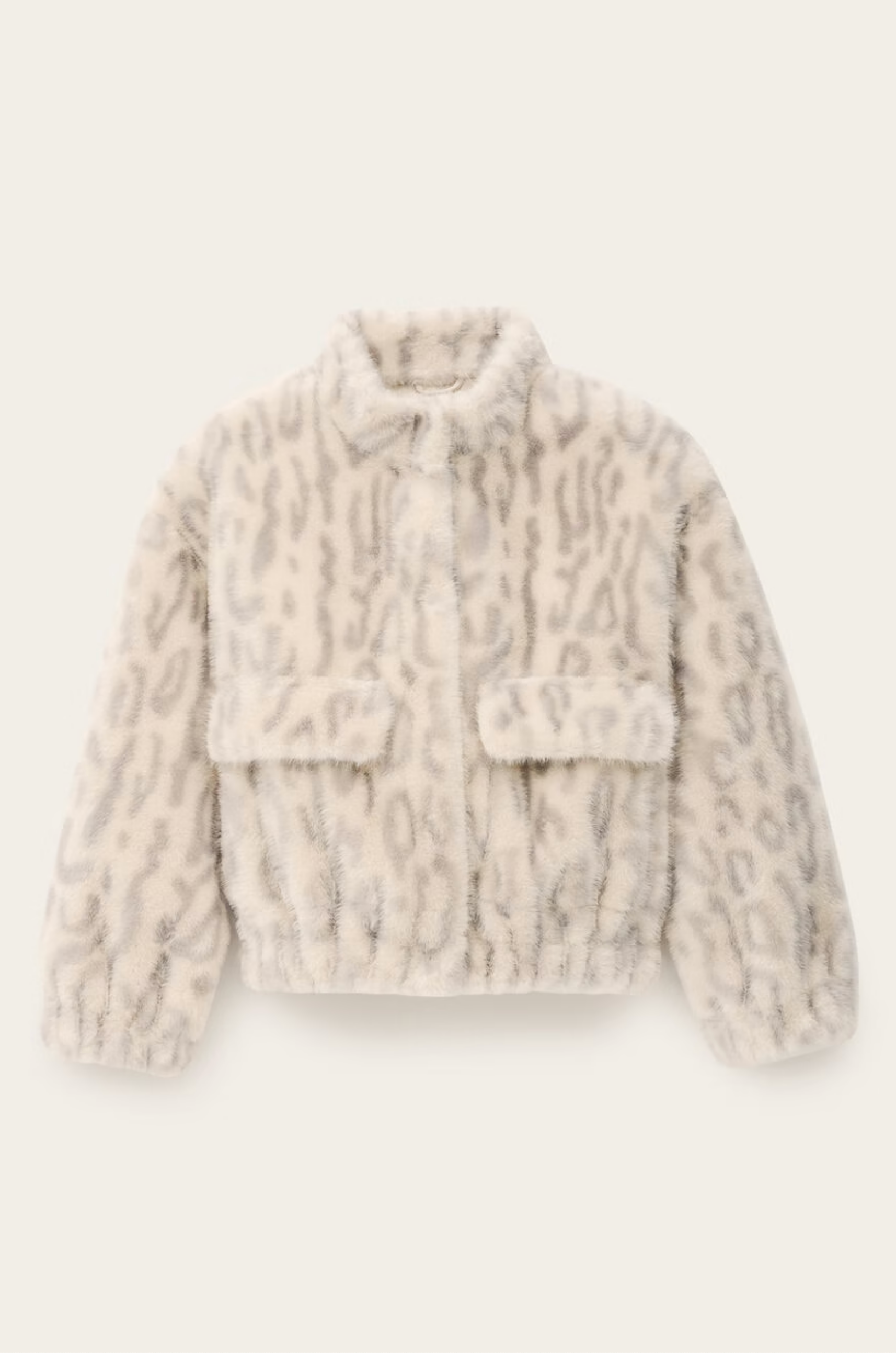 The BA&SH Coat Saros is a loose fit, cropped jacket in cream and light gray leopard-print faux fur, featuring a shirt collar, front button closure, and two flap chest pockets for a chic look.