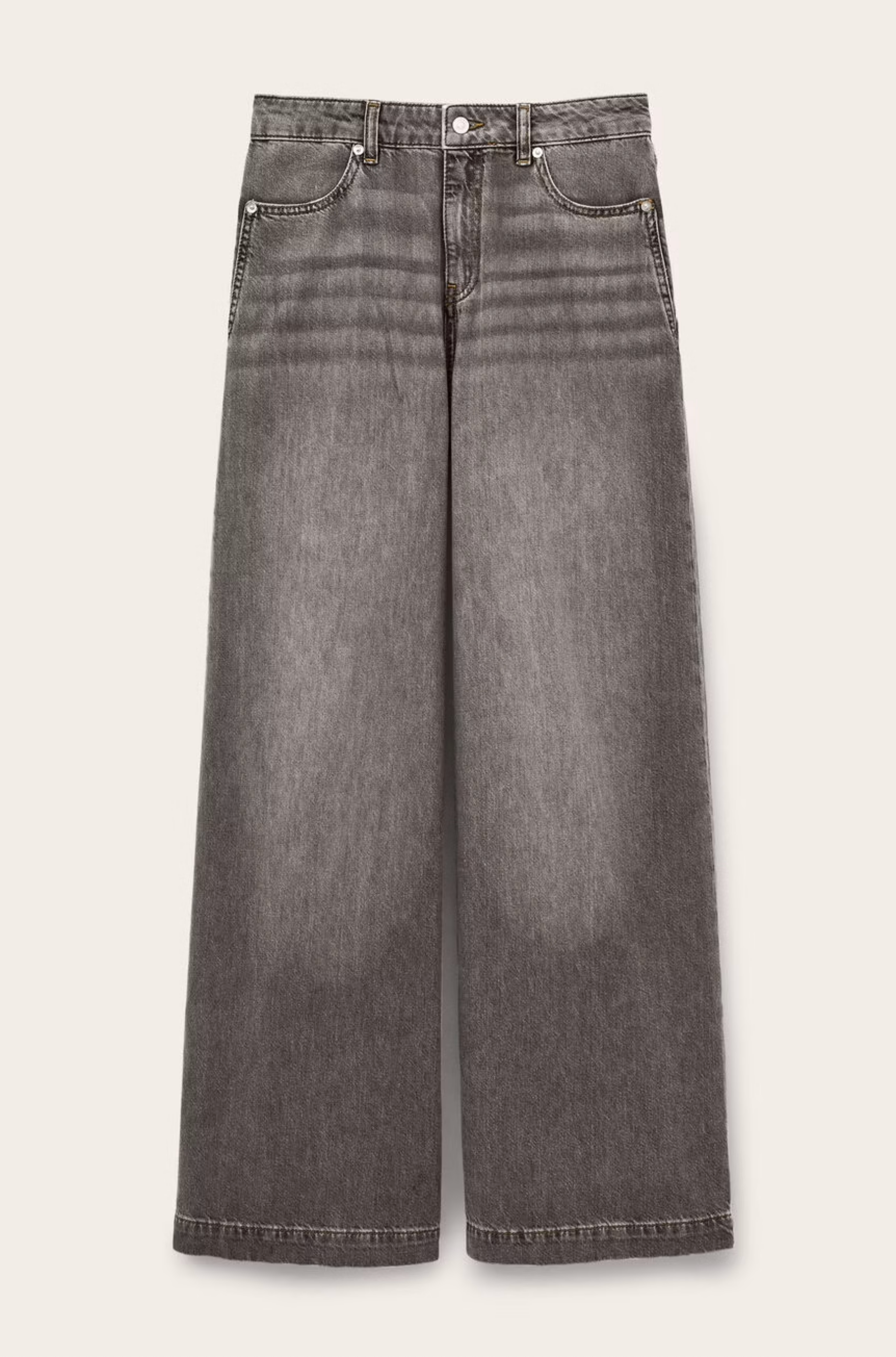 The Jean Yusc by BA&SH are wide-leg, high-waisted grey jeans made from 100% cotton with a faded wash, featuring front button and zip closure, pockets, and contrast stitching, shown against a light background.