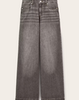 The Jean Yusc by BA&SH are wide-leg, high-waisted grey jeans made from 100% cotton with a faded wash, featuring front button and zip closure, pockets, and contrast stitching, shown against a light background.