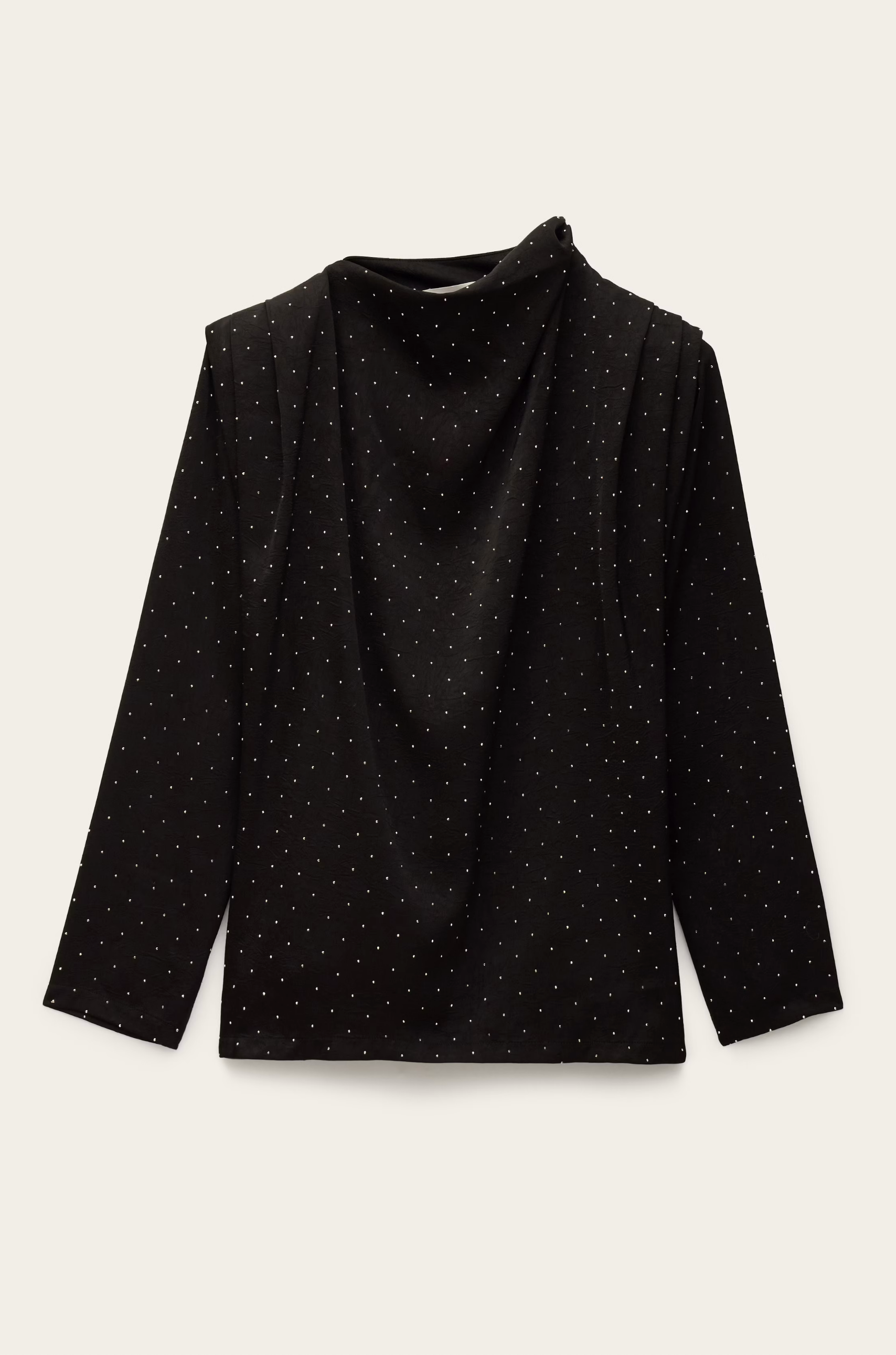 The BA&SH Top Debra is a black long-sleeve blouse with small white polka dots, batwing sleeves, and a draped neckline in a relaxed fit, shown against a plain light background.