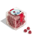 The Faire Christmas Candy Cube is a clear acrylic box filled with red, sugar-coated Christmas candies and topped with a festive Snoopy sticker. Three gummies are displayed outside the box on the right.