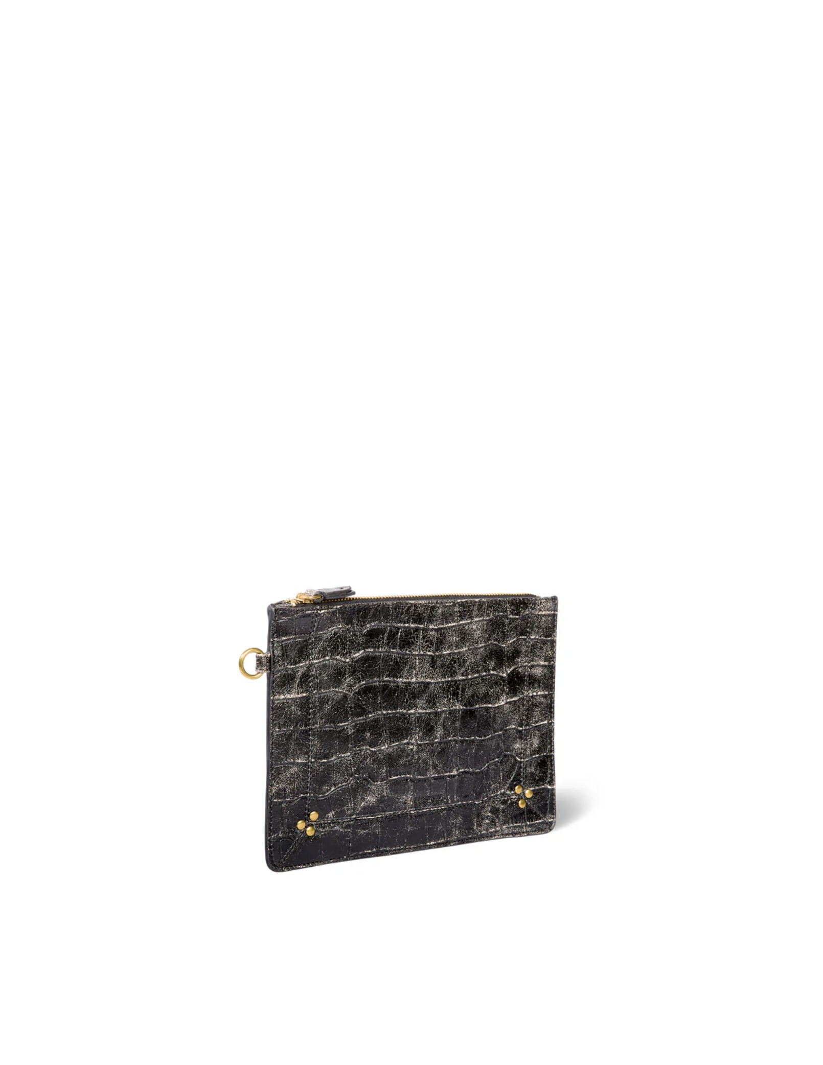 The Jerome Dreyfuss Popoche M Pouche is a small, rectangular black leather pouch with a crocodile-textured pattern, gold zip closure, and gold ring key fob, shown on a plain white background.