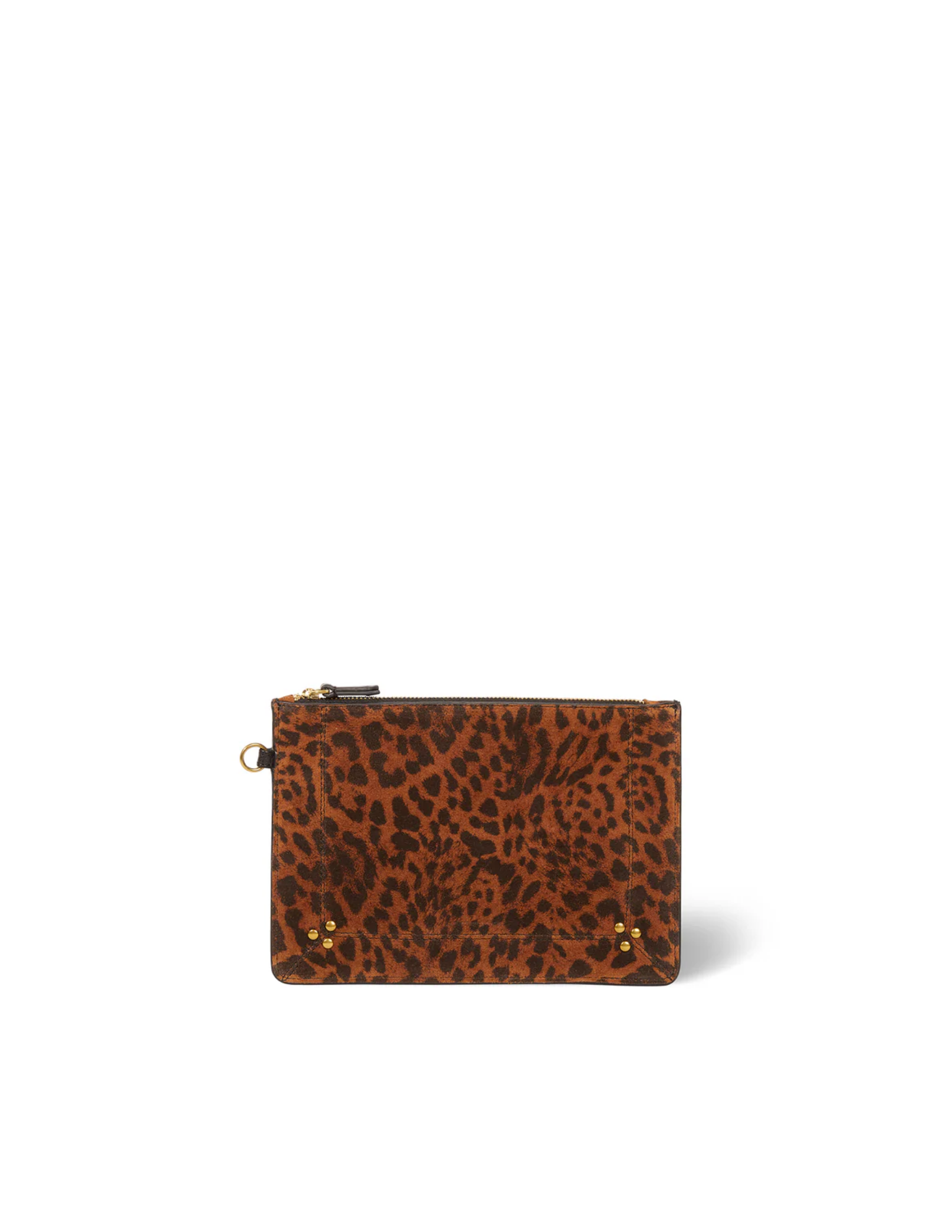 The Popoche M Pouche by Jerome Dreyfuss is a small rectangular pouch with brown and black leopard print, a gold zip closure, and gold studs on the corners—ideal for carrying your key fob or essentials.