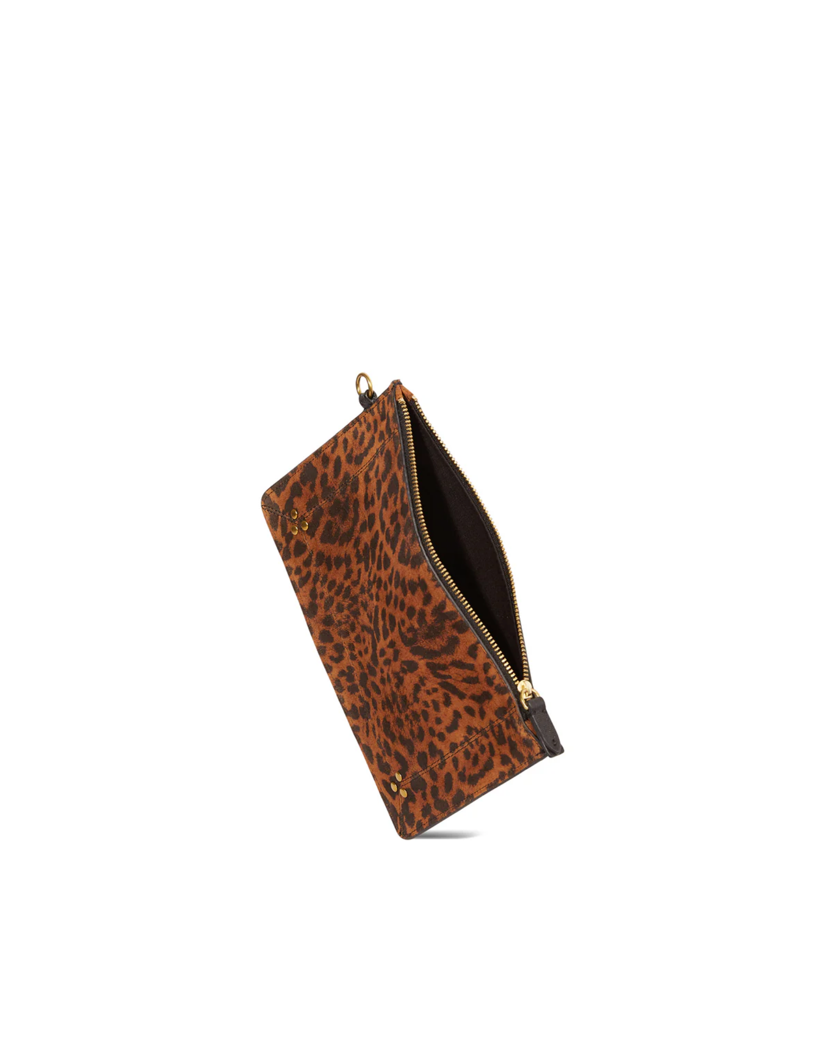 The Popoche M Pouche by Jerome Dreyfuss is a small zippered pouch with a brown and black leopard print, gold zip closure, and black interior—ideal for storing your key fob or essentials in style.