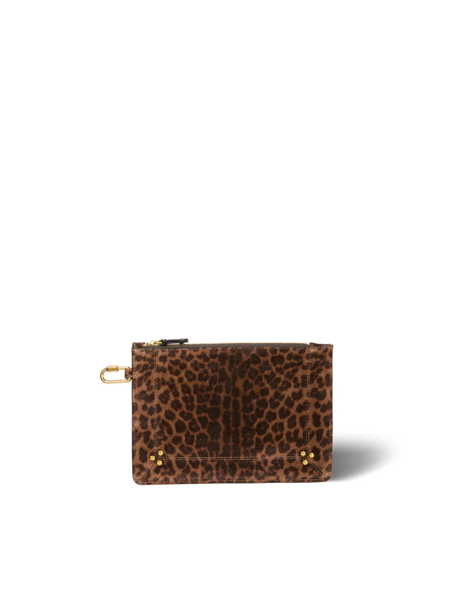 The Popoche M Pouche by Jerome Dreyfuss is a small leopard print pouch featuring a zip closure, gold-tone hardware, and a key fob clip, shown against a white background.