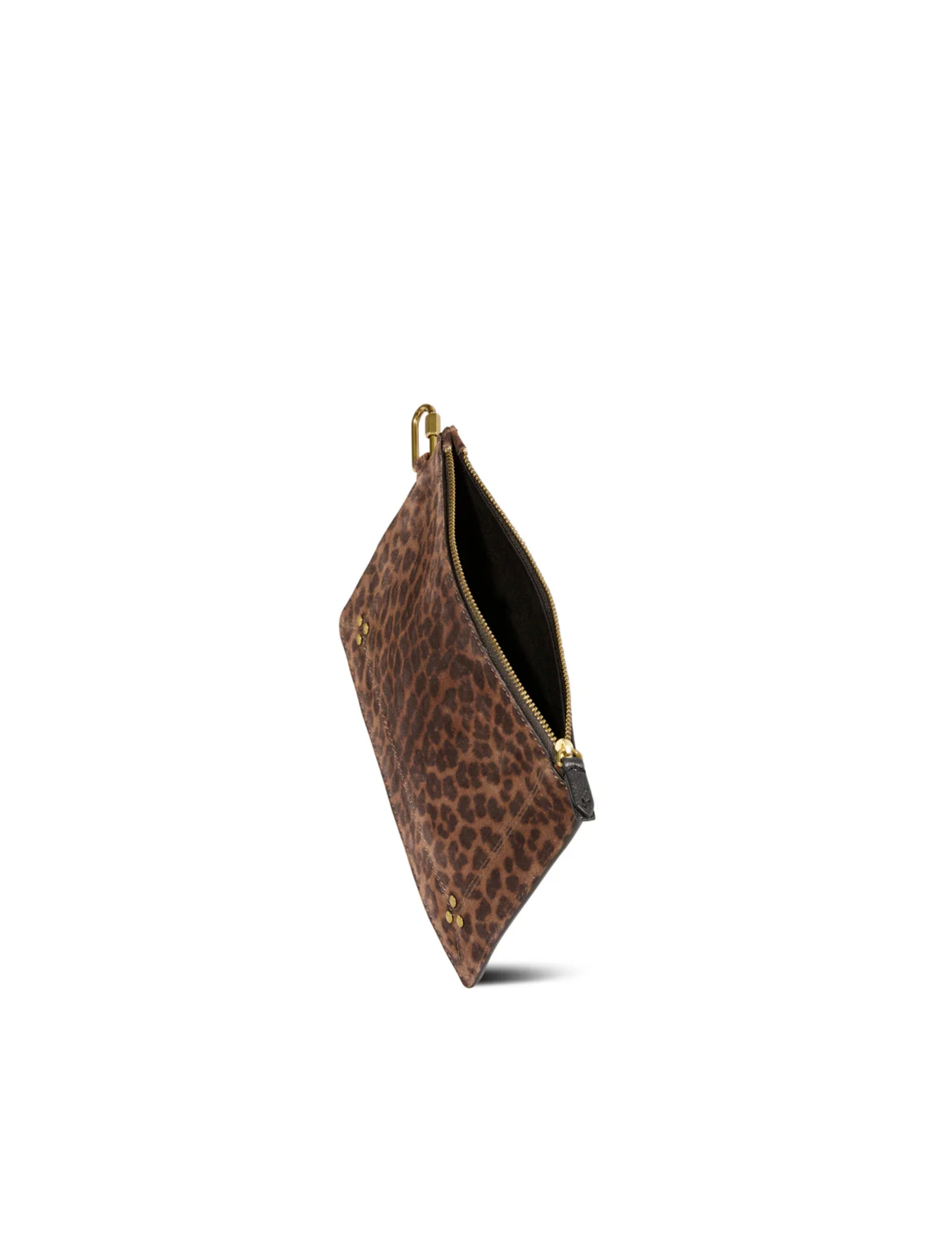 The Jerome Dreyfuss Popoche M Pouche is a small, brown, rectangular pouch with a leopard print, gold zip closure, and gold hardware—ideal as a chic key fob—pictured open with its empty interior against a white background.