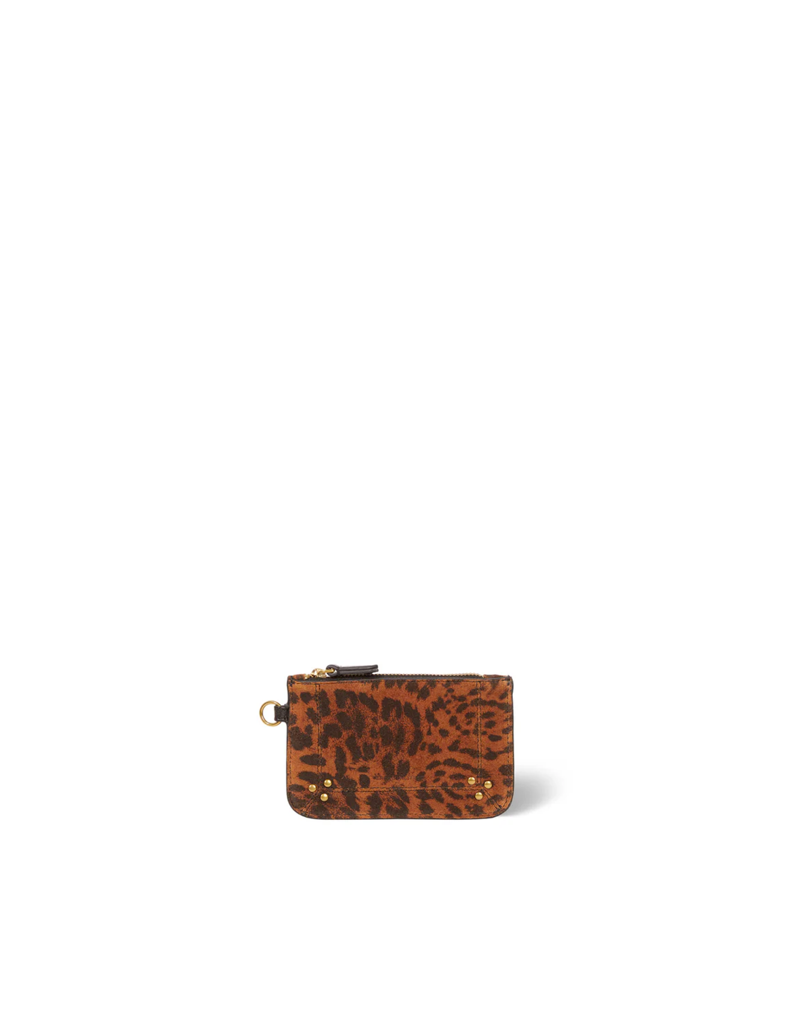 The Popoche XS Pouche by Jerome Dreyfuss is a small brown wallet with black leopard print, gold hardware, zipper closure, and key ring—ideal as a chic key fob accessory—shown on a plain white background.