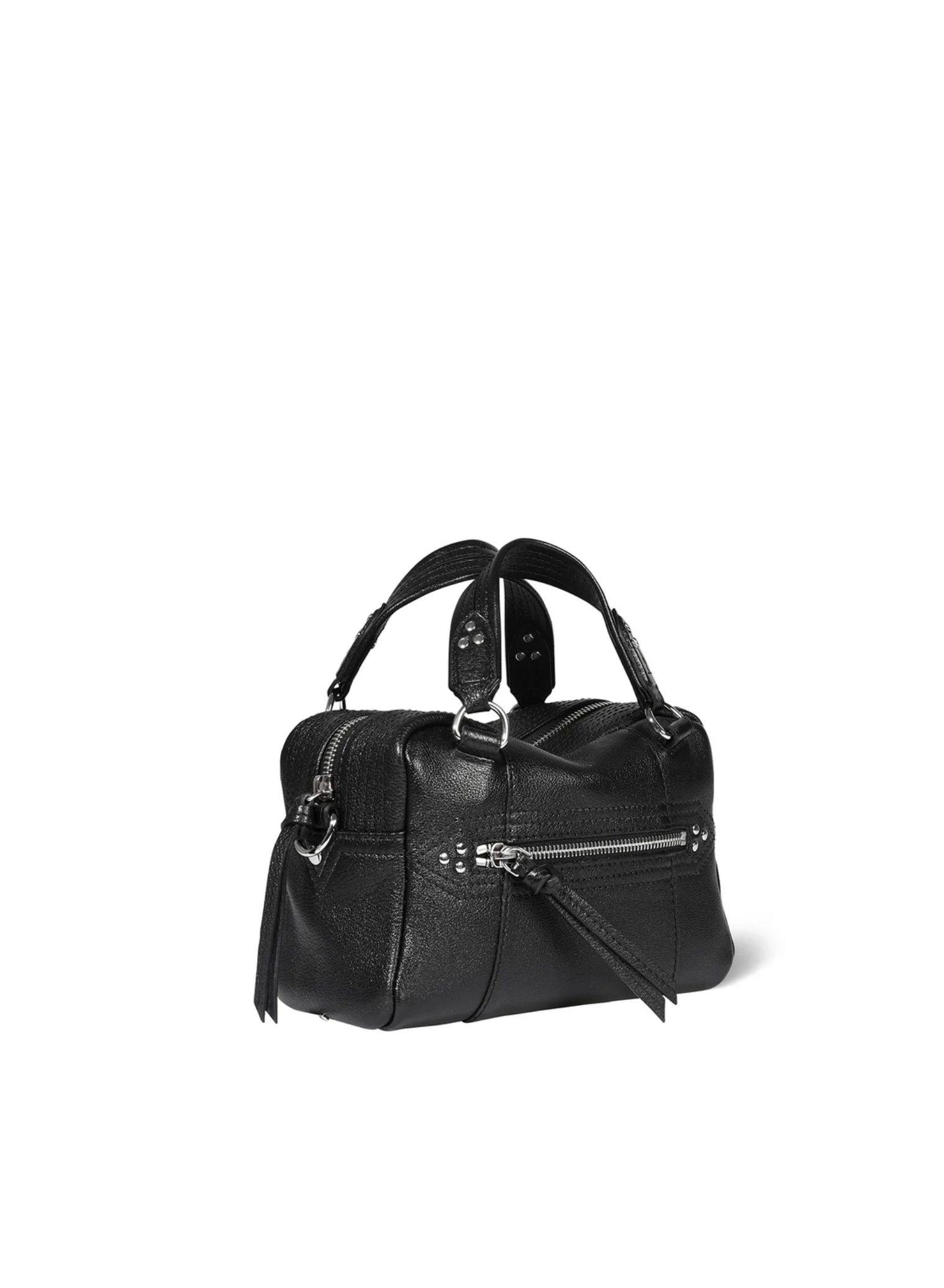 The Lucky Mini Bowling Bag by Jerome Dreyfuss is a small black leather bag with short handles, a front zipper pocket, silver hardware, and a detachable shoulder strap, shown on a white background.