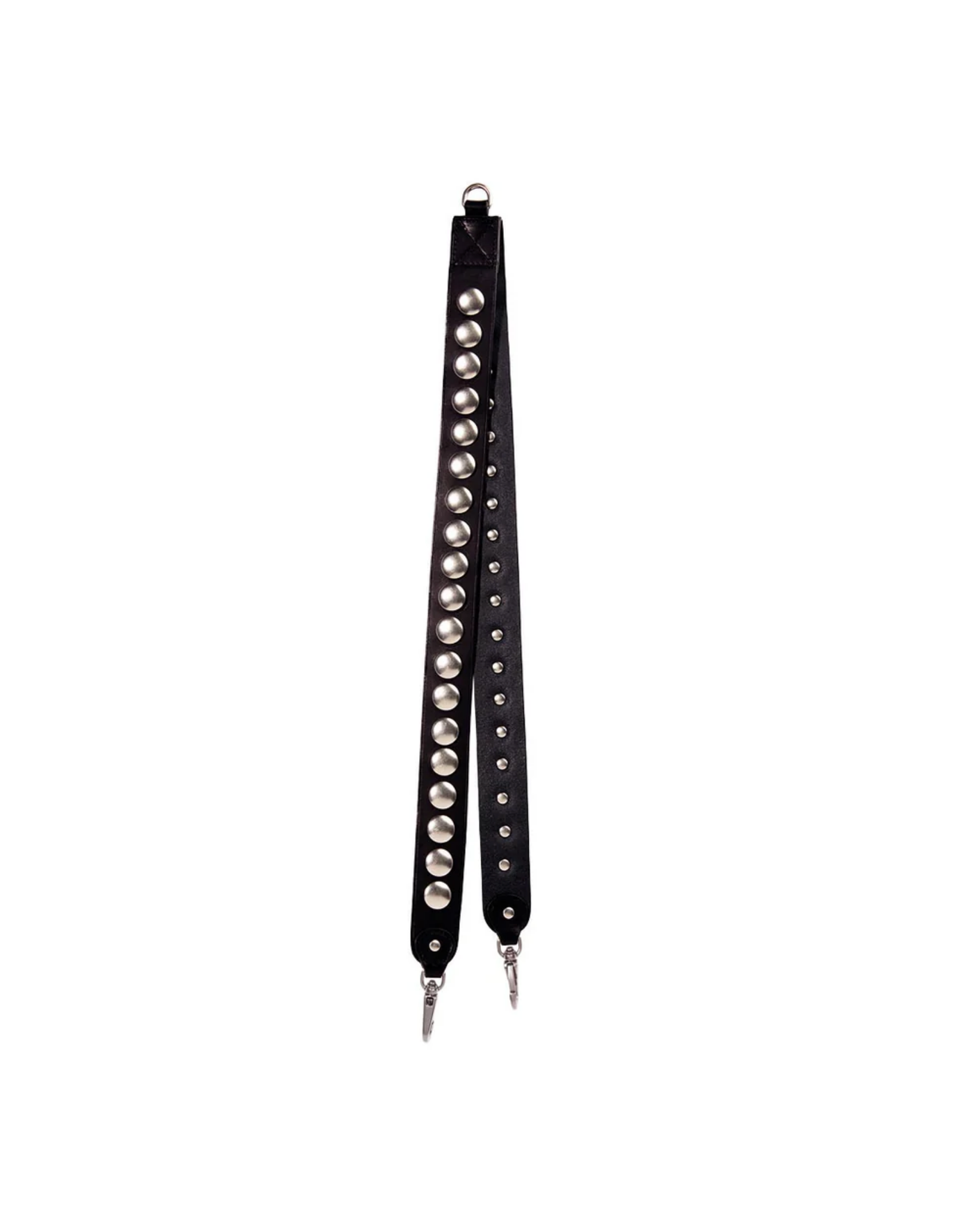 The Jerome Dreyfuss Bandouliere Festival Strap is a black leather shoulder strap with two rows of silver studs and clasps at each end, crafted from genuine vegetable cowhide, shown on a white background.