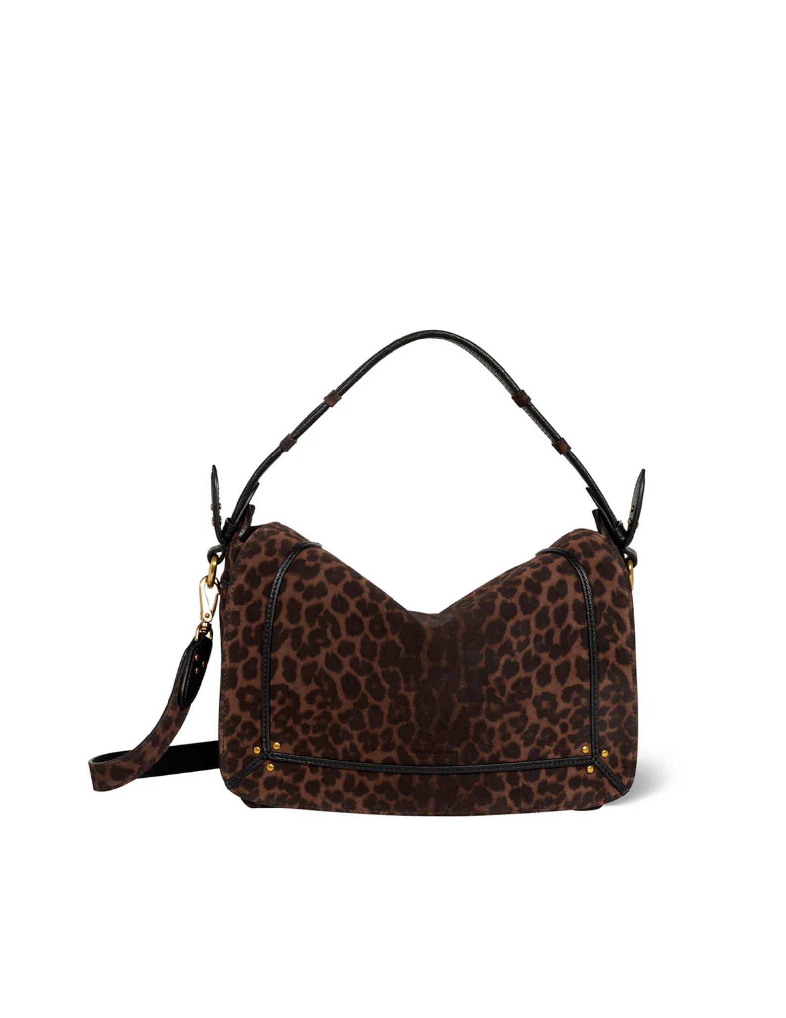 The Pepito Medium Bag by Jerome Dreyfuss features a brown hobo design with a black leopard print, black handle, adjustable shoulder strap, and gold-tone hardware accents.