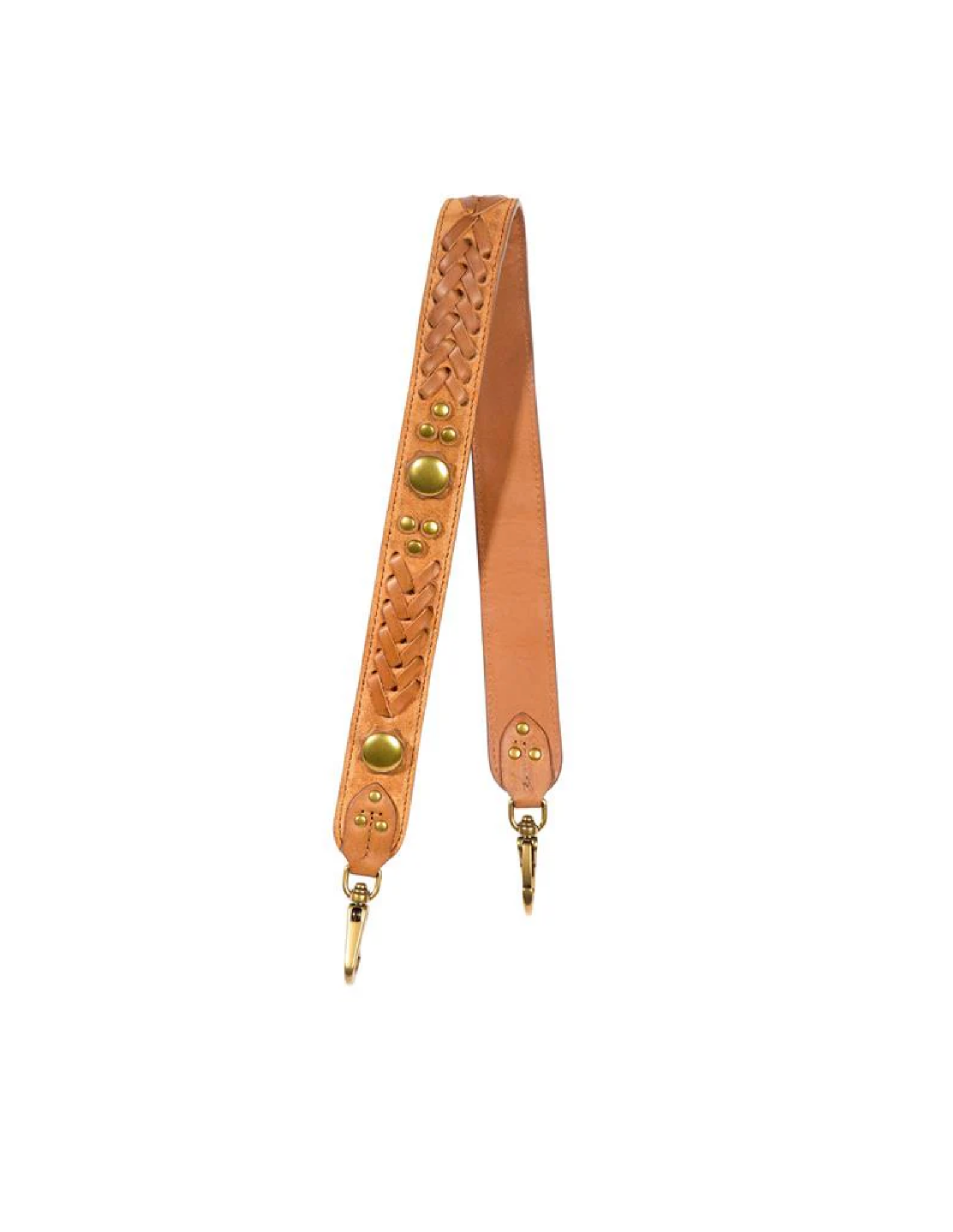 The Gaucho Ceinture/Belt by Jerome Dreyfuss, crafted from tan cowskin calfskin with braided details, gold studs, and brass swivel clips on both ends, is shown on a white background.