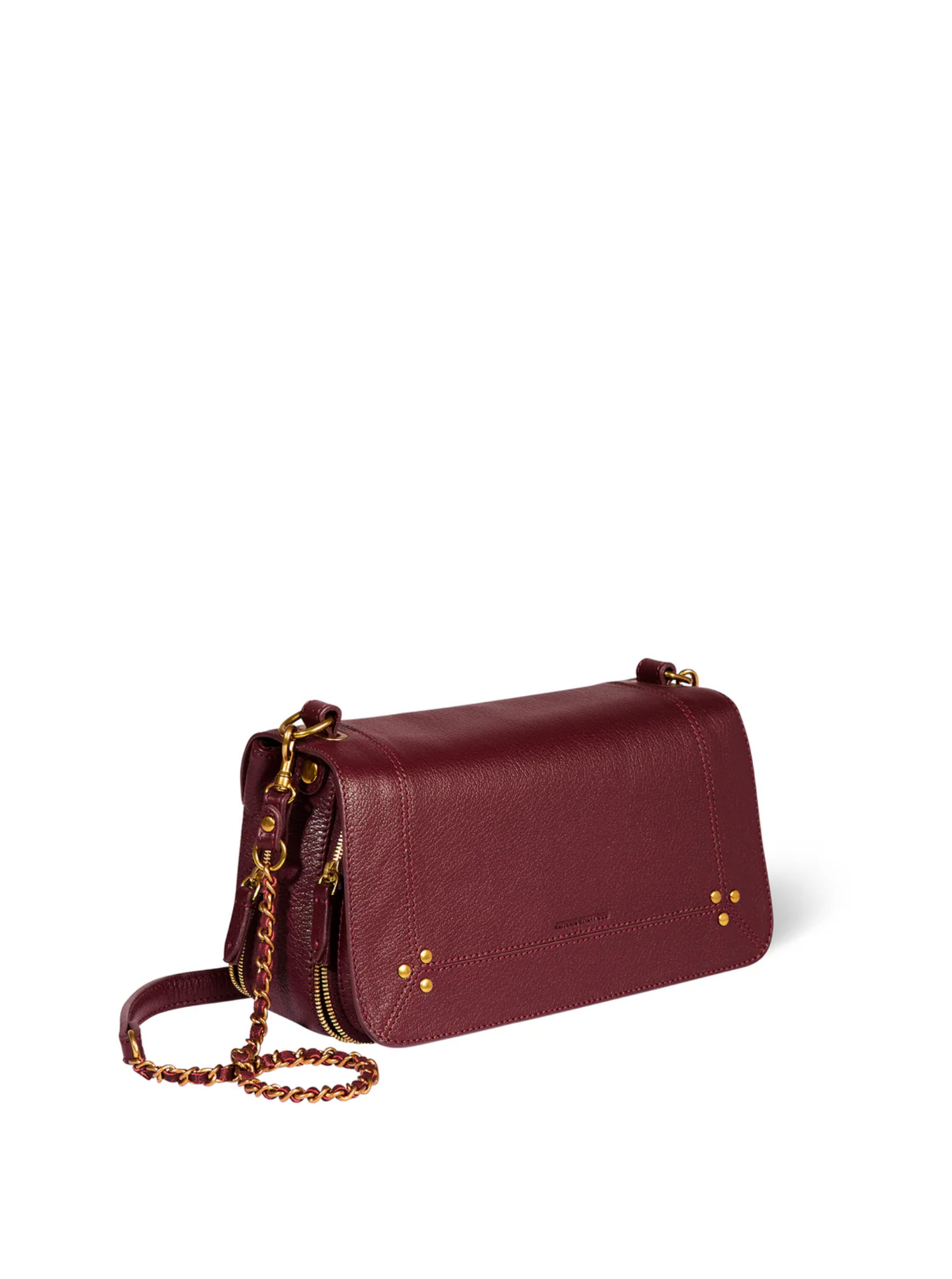 The Jerome Dreyfuss Bobi Bag in burgundy goatskin features a gold chain and leather shoulder strap, gold studded corners, and a flap closure, shown against a plain white background.