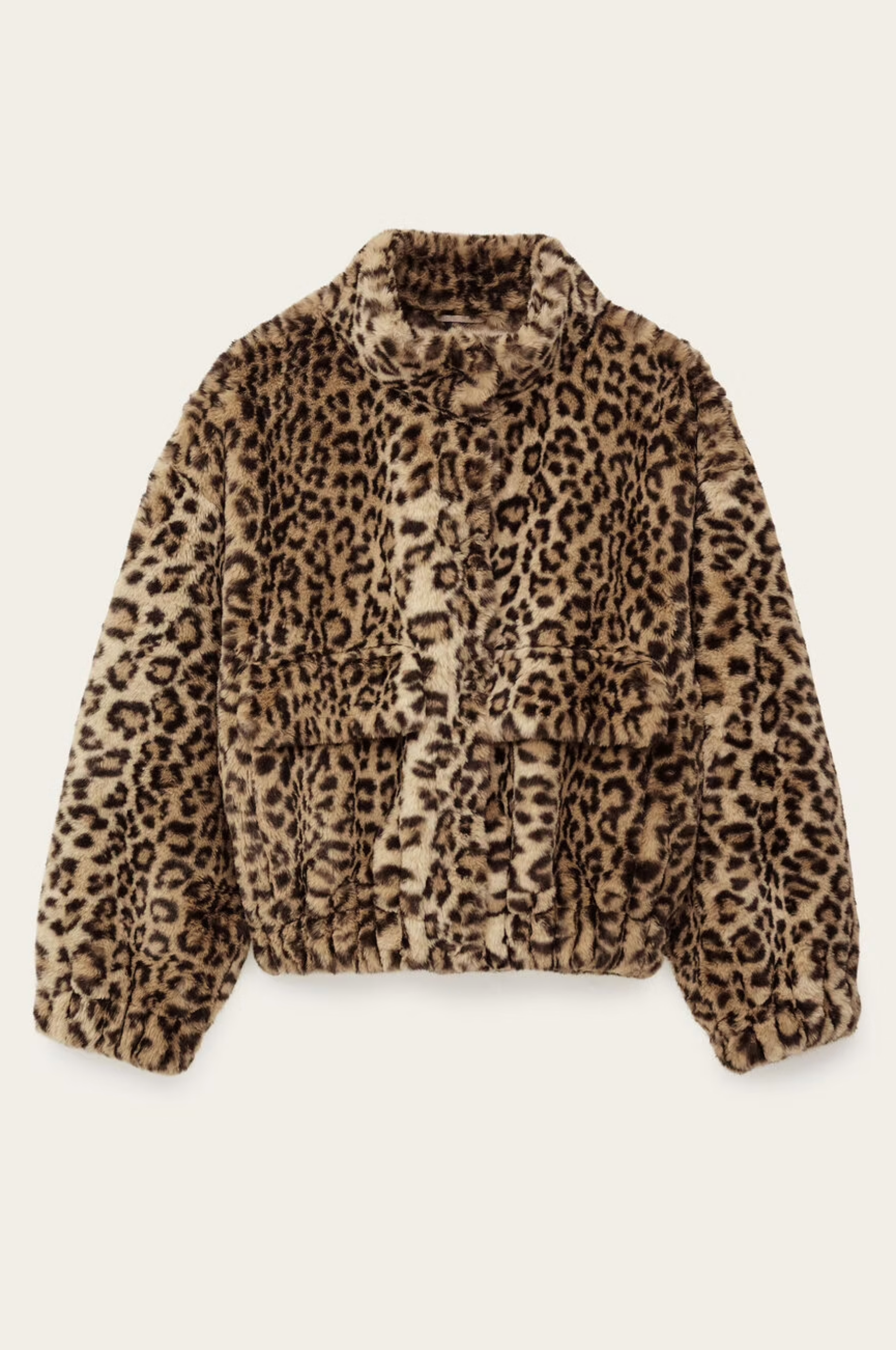 The BA&SH Coat Jaros Leopard is a brown and black leopard print faux fur jacket made of polyester, featuring long sleeves, a high collar, button front, and two pockets, shown against a light background.