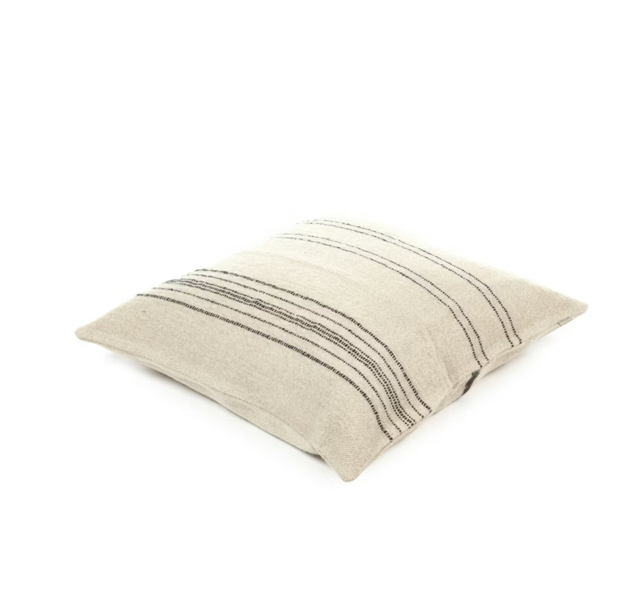 The Moroccan Pillow by Libeco Home is a square beige pillow with subtle black horizontal stripes, crafted from textured fabric and shown on a white background.