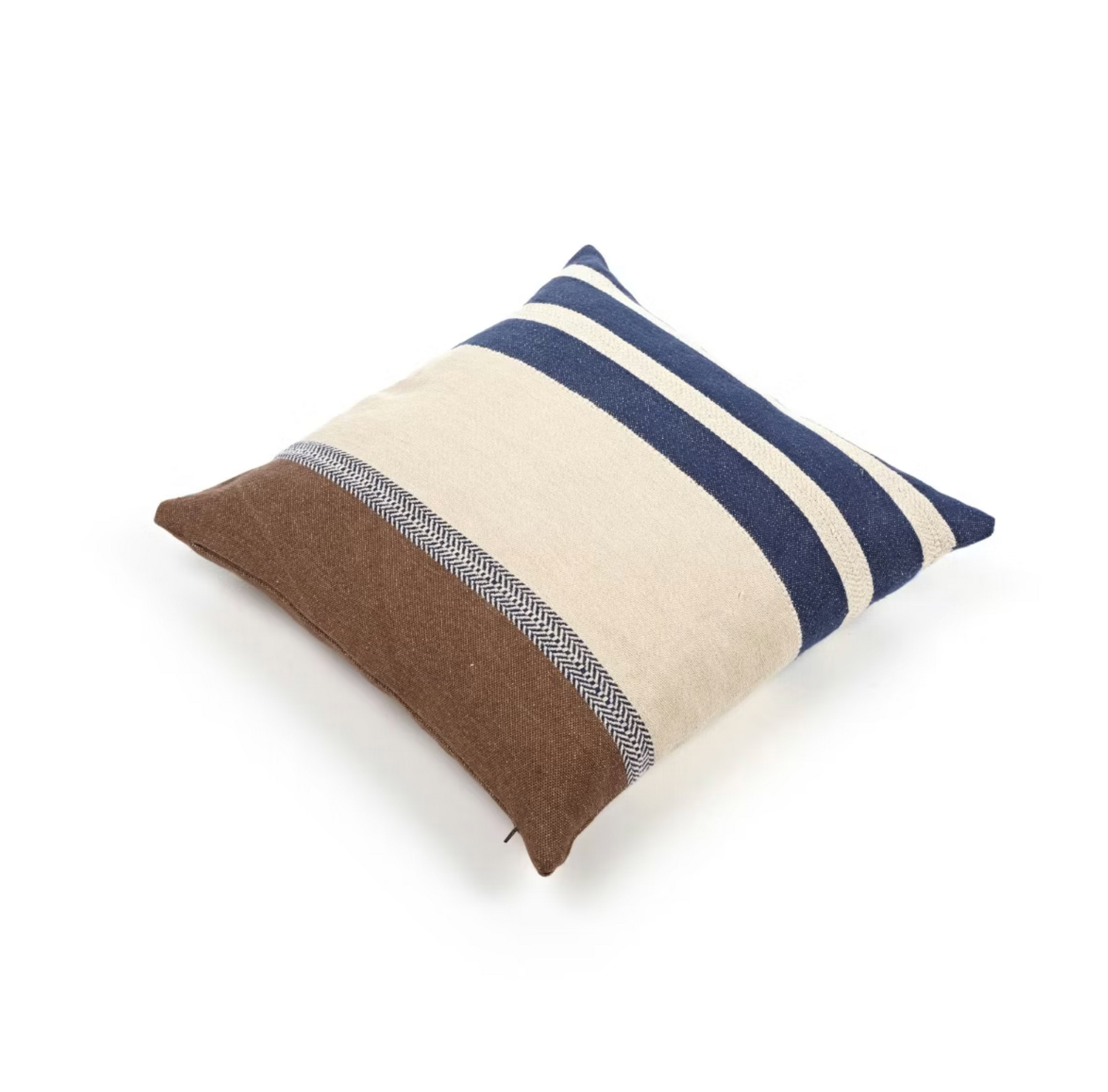 The Libeco Home Marina Stripe Pillow 20x20 features brown, beige, and blue horizontal stripes on a white background and comes with a 20x20 insert for extra comfort.