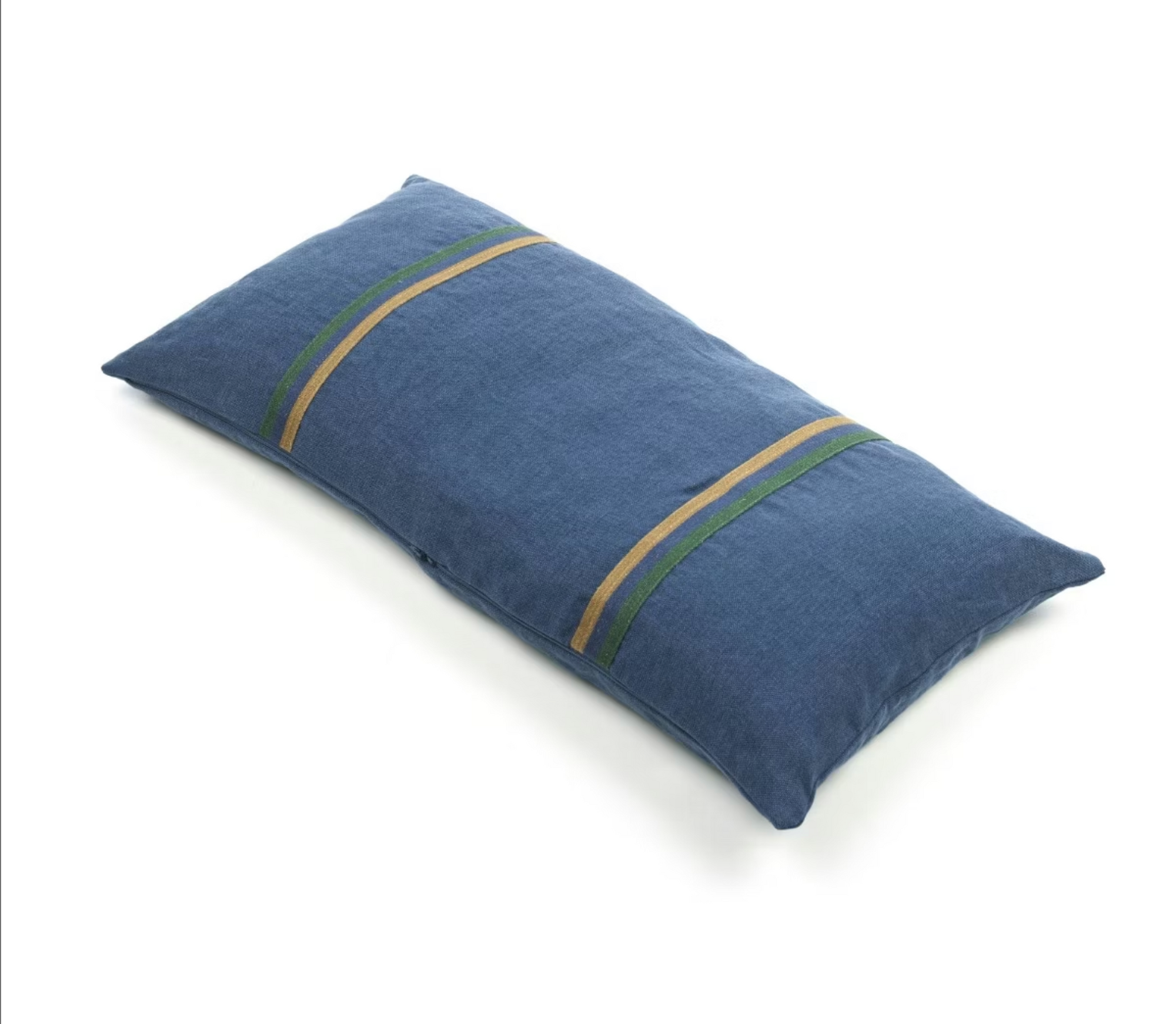 The Max Pillow by Libeco Home is a rectangular blue 25x25 lumbar pillow featuring two sets of green and tan diagonal parallel stripes, shown on a white background.