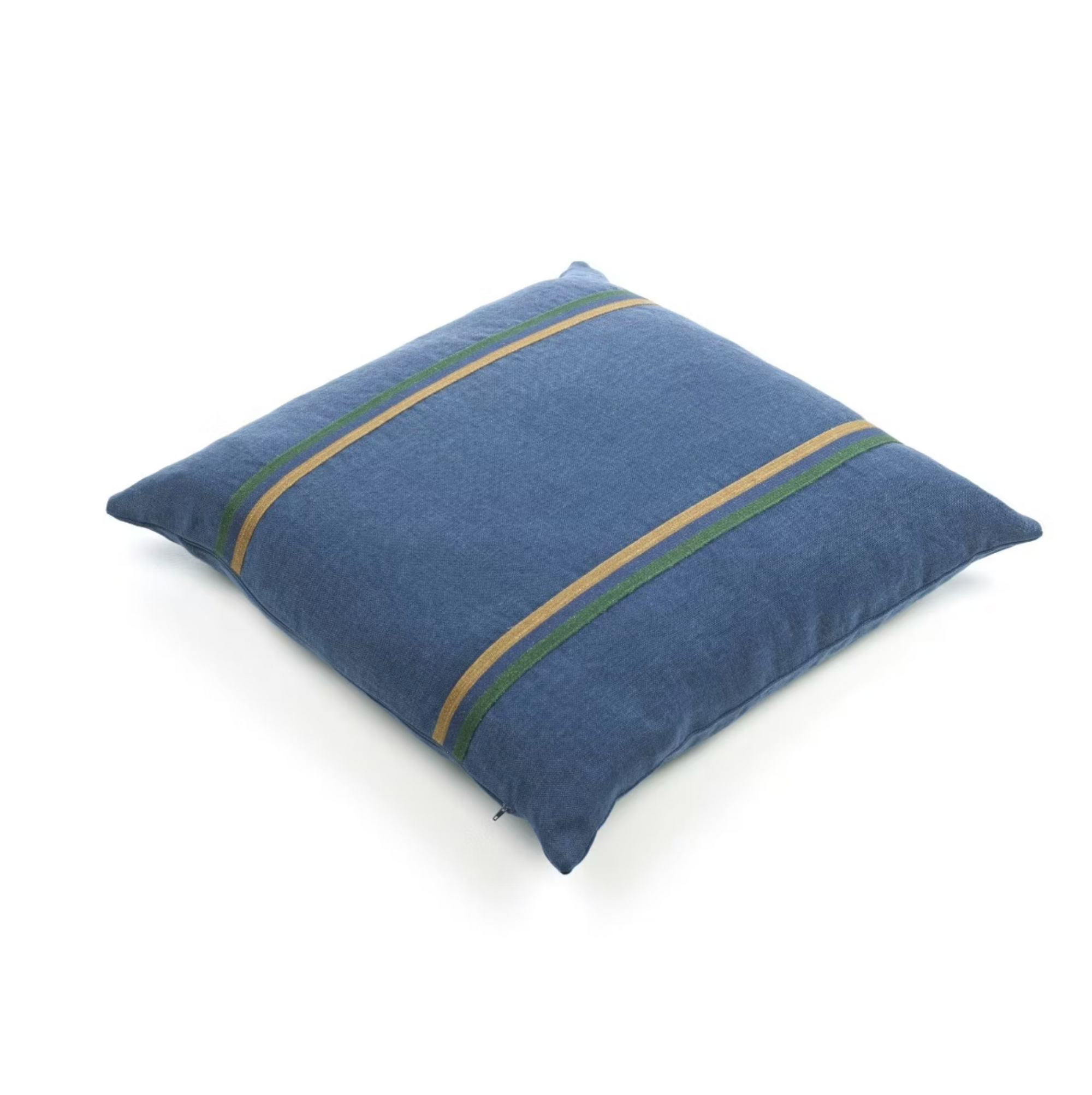 The Max Pillow by Libeco Home is a square blue 25x25 floor cushion featuring two parallel yellow and green diagonal stripes, shown on a white background. Pillow insert included.