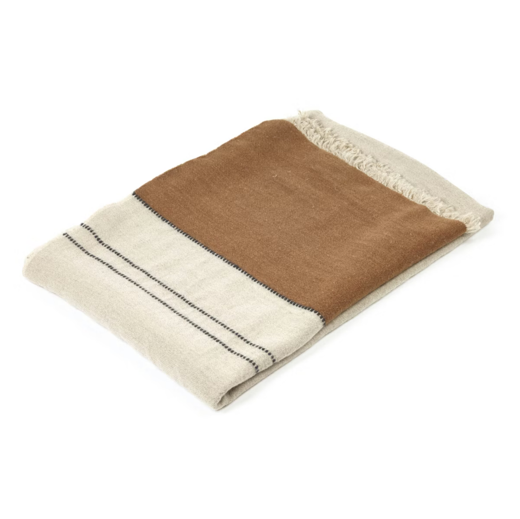 The Libeco Home Foundry Throw is a folded linen-wool blend with a beige base, wide brown stripe, thin black lines, fringed edges, and a stonewashed finish, shown on a white background.