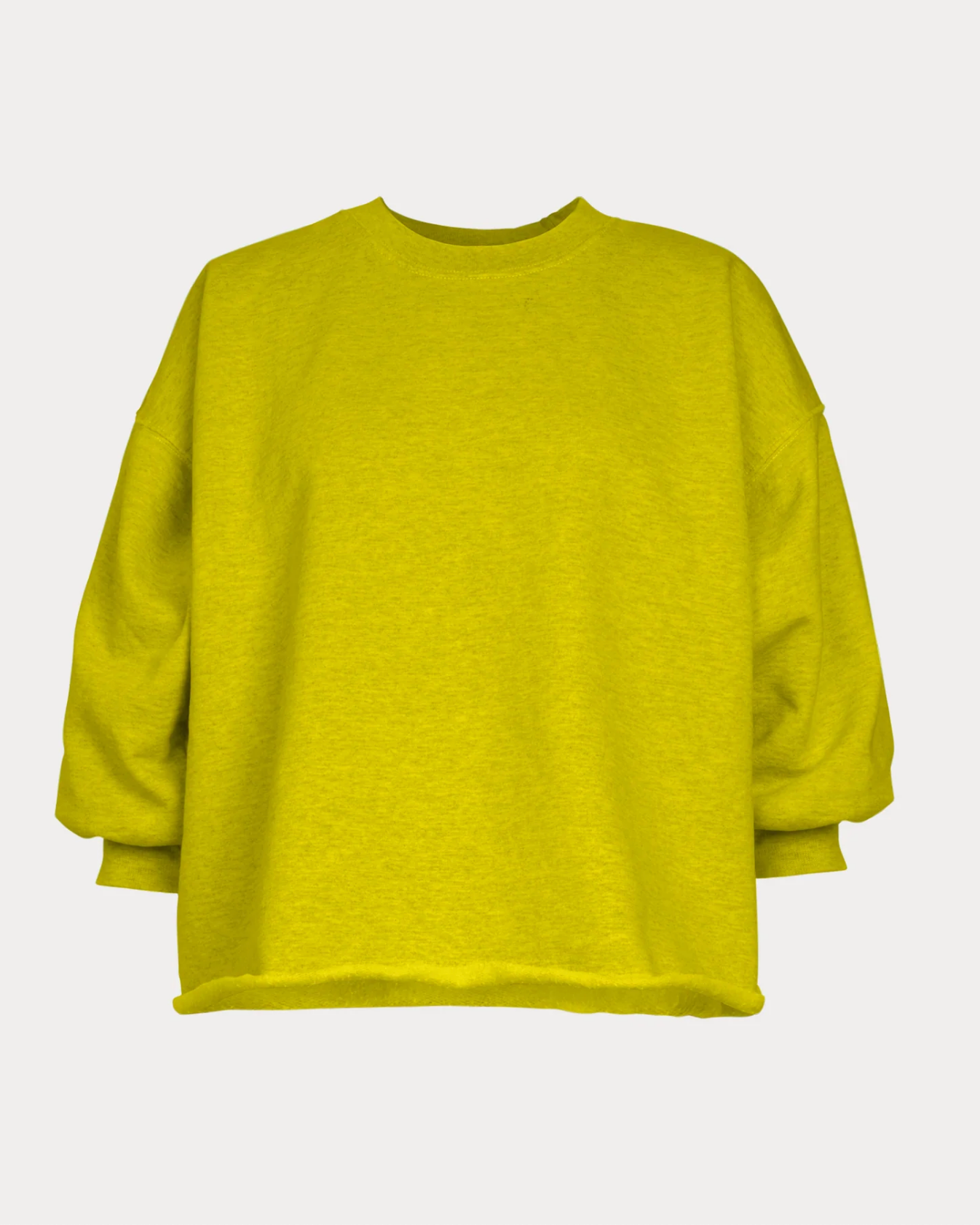 The Rachel Comey Fond Sweatshirt is a bright yellow, oversized crewneck with long sleeves and subtle fabric distressing, shown on a plain white background.