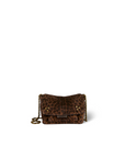 The Lulu Small Bag by Jerome Dreyfuss is a brown leopard print mini messenger with a flap closure, gold-tone studs, and a gold chain strap, shown on a plain white background.