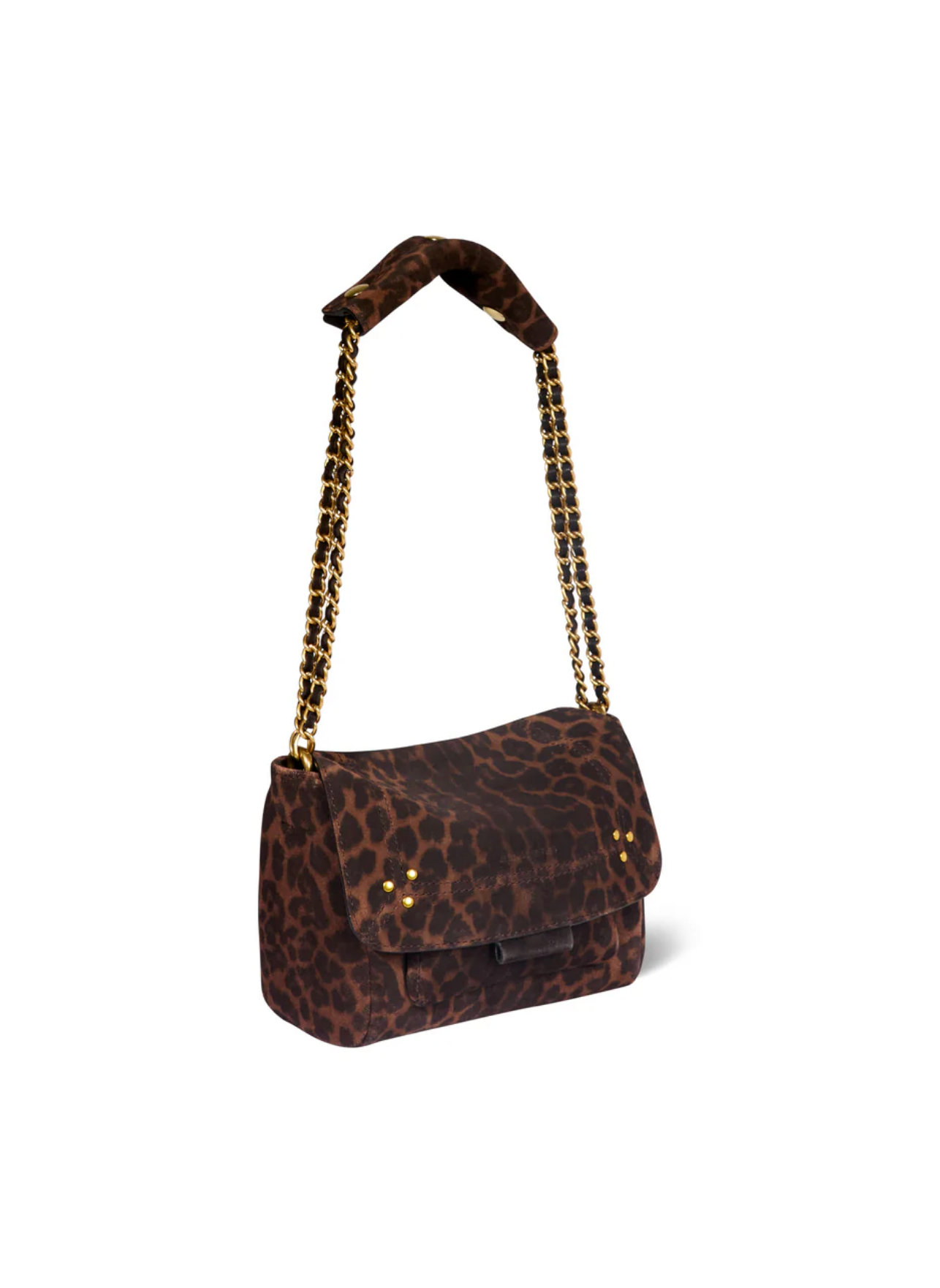 The Lulu Small Bag by Jerome Dreyfuss is a brown leopard print leather shoulder bag with a gold chain strap and gold stud accents, shown on a white background.