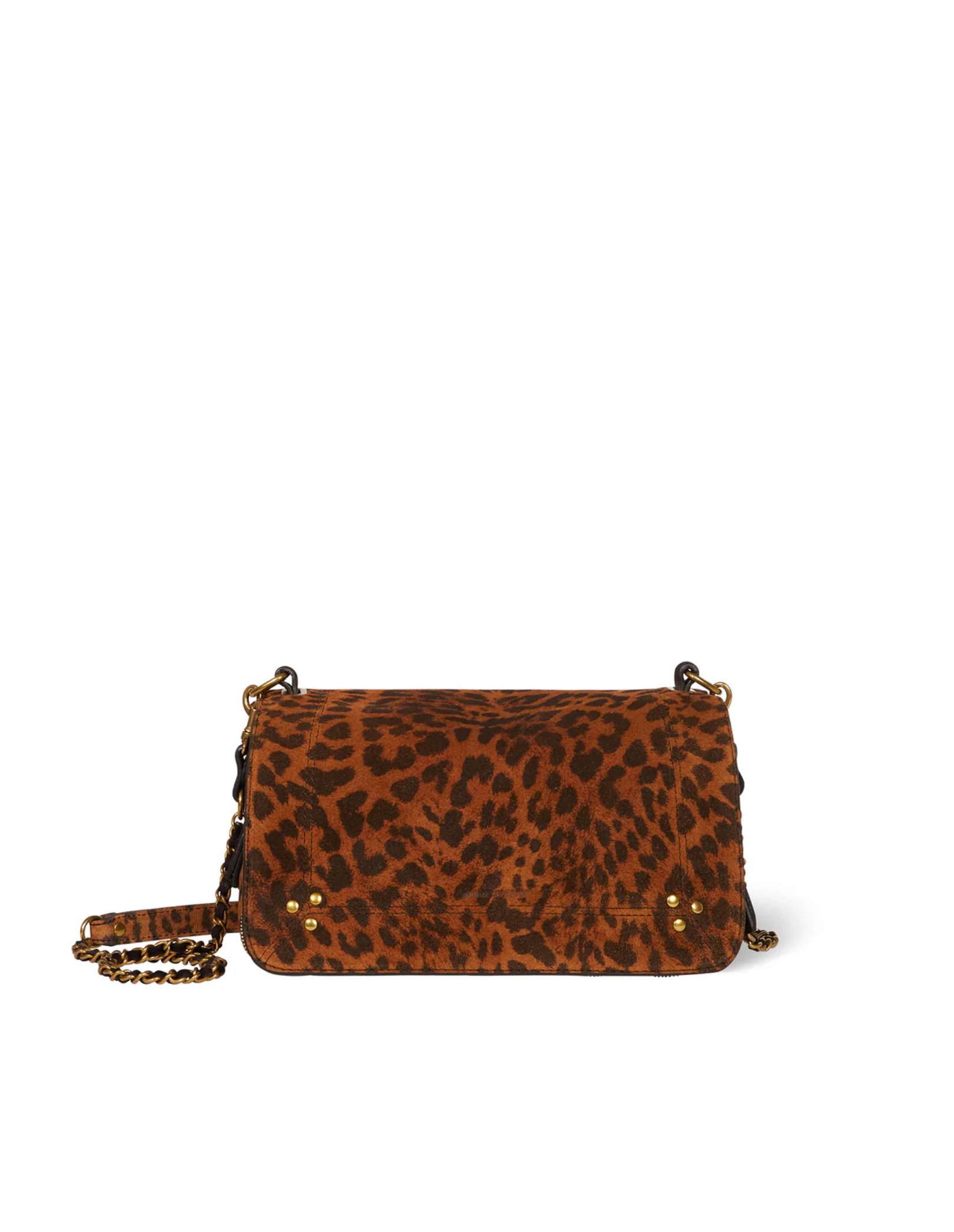 The Jerome Dreyfuss Bobi Bag is a rectangular crossbody goatskin bag with a brown and black leopard print, gold-tone hardware, and a chain and leather strap, shown against a white background.