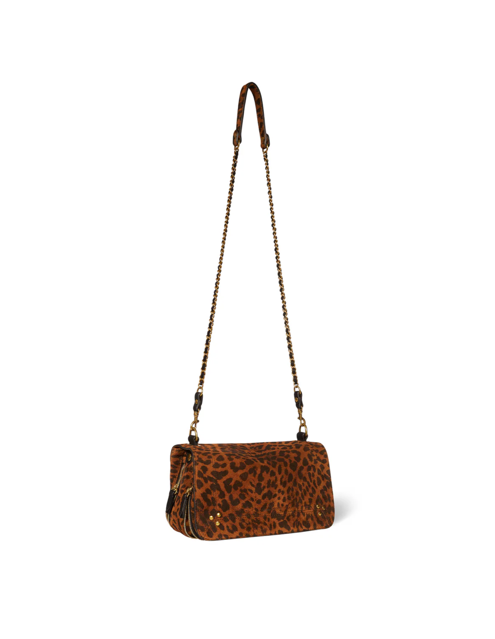 The Bobi Bag by Jerome Dreyfuss is a rectangular goatskin bag with a brown and black leopard print, gold-tone hardware, and an adjustable chain and leather shoulder strap.