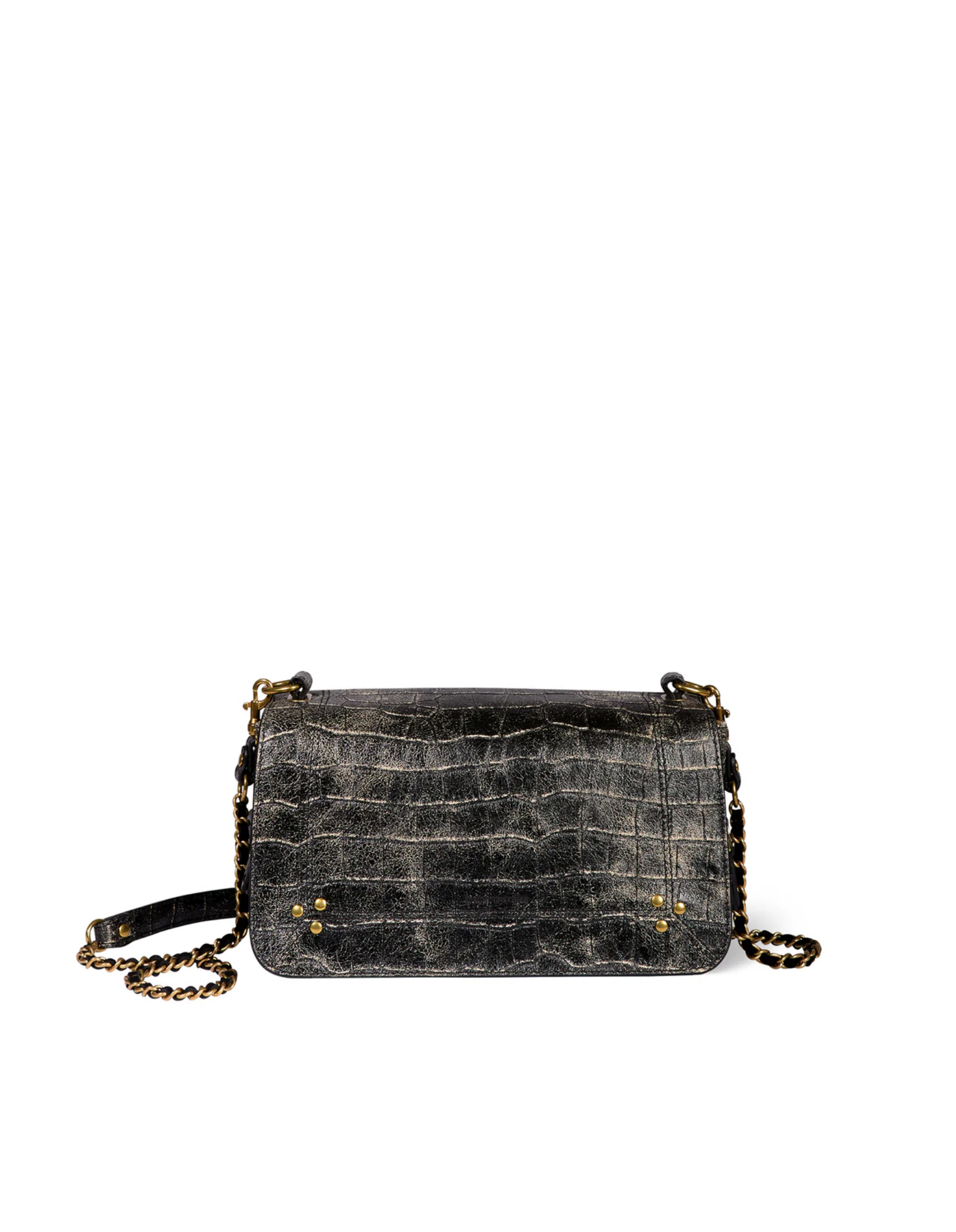 The Bobi Bag by Jerome Dreyfuss is crafted from black, crocodile-textured goatskin with gold hardware and a matching gold and black chain strap, plus an adjustable leather shoulder strap, displayed against a white background.