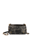The Bobi Bag by Jerome Dreyfuss is crafted from black, crocodile-textured goatskin with gold hardware and a matching gold and black chain strap, plus an adjustable leather shoulder strap, displayed against a white background.