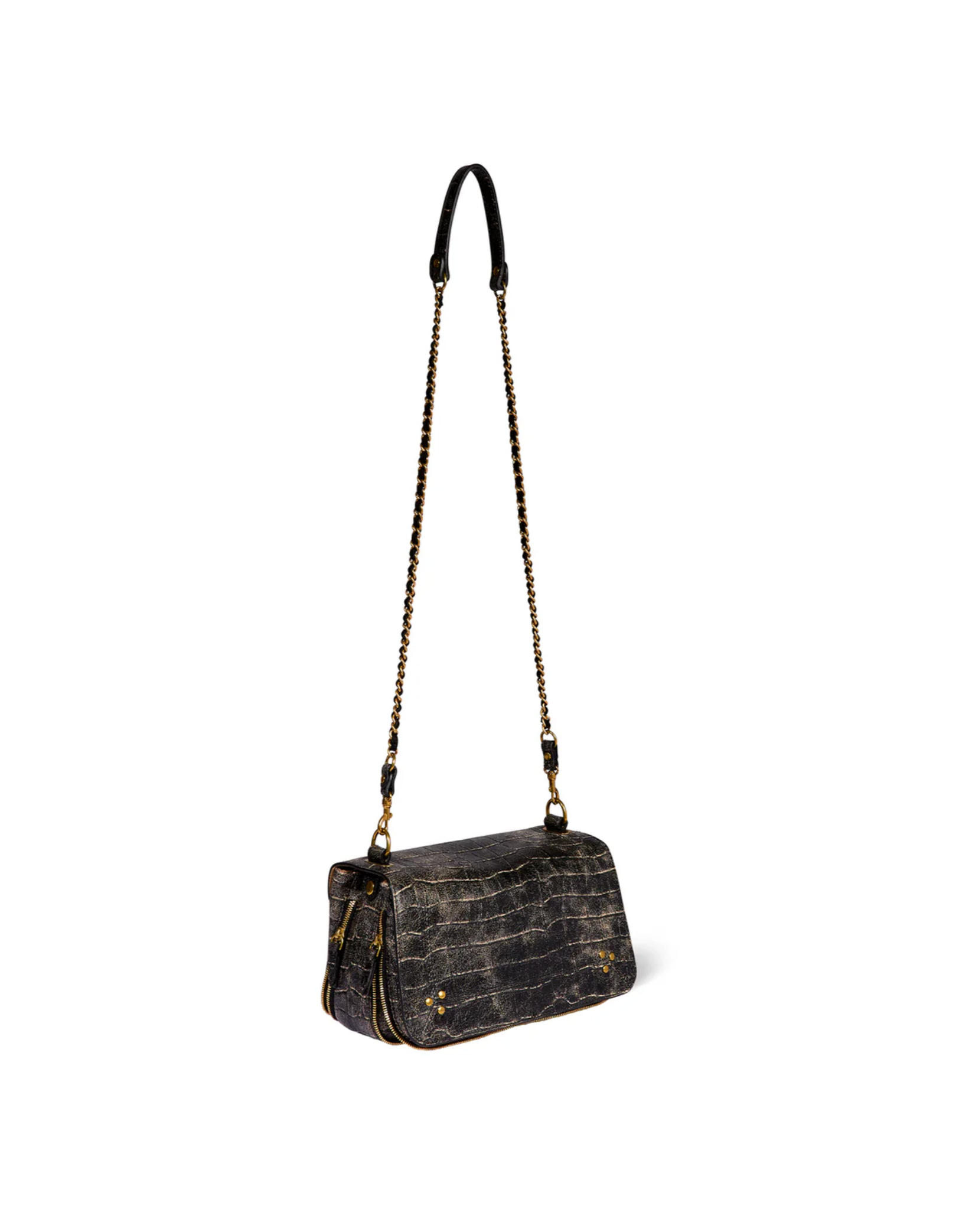 The Bobi Bag by Jerome Dreyfuss features black crocodile-textured leather, a gold chain strap, leather shoulder strap, and small gold accents, shown against a plain white background.