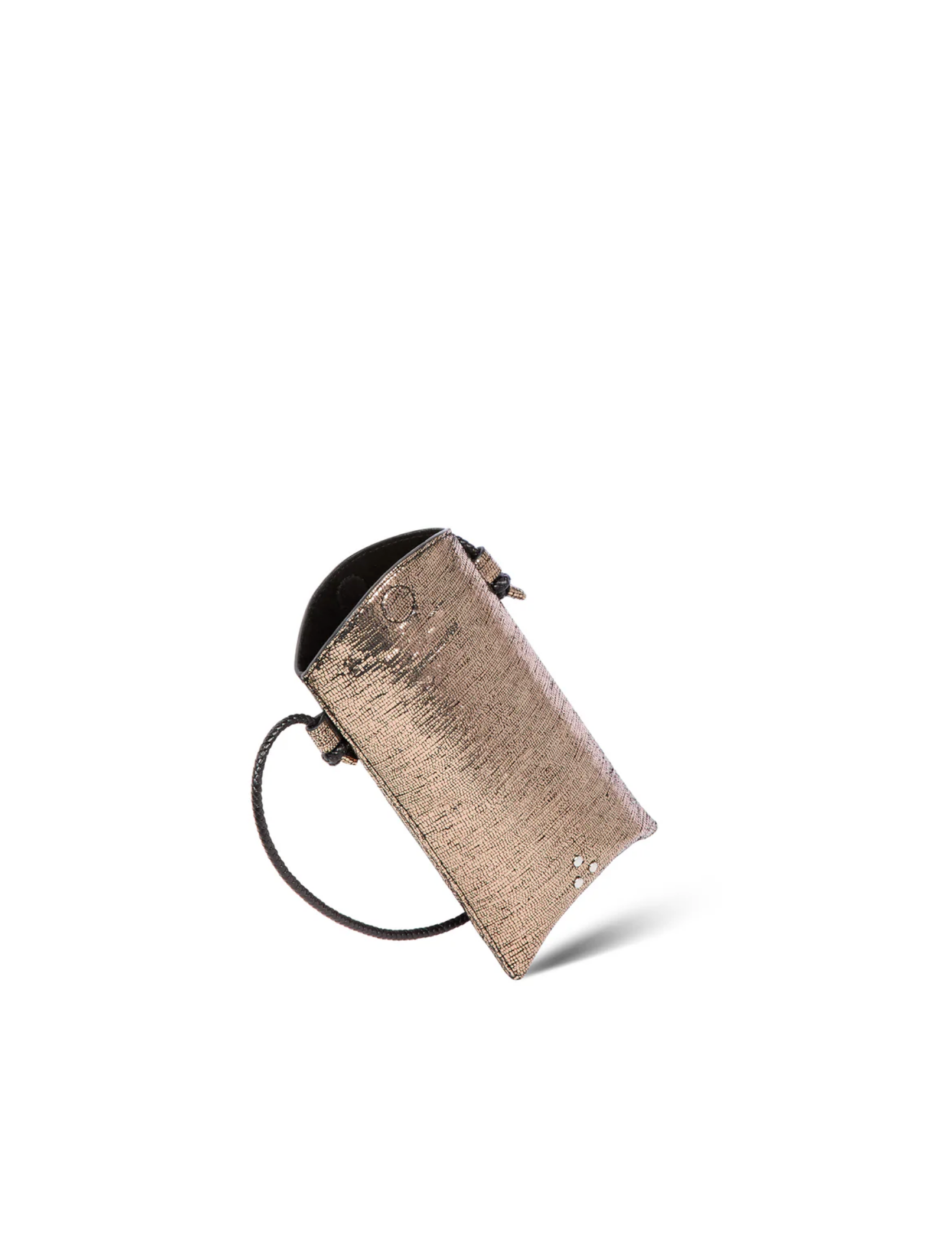 The Louis Mobile Holder by Jerome Dreyfuss is a small, metallic-textured rectangular crossbody bag with an adjustable shoulder strap, shown partially open on a plain white background.