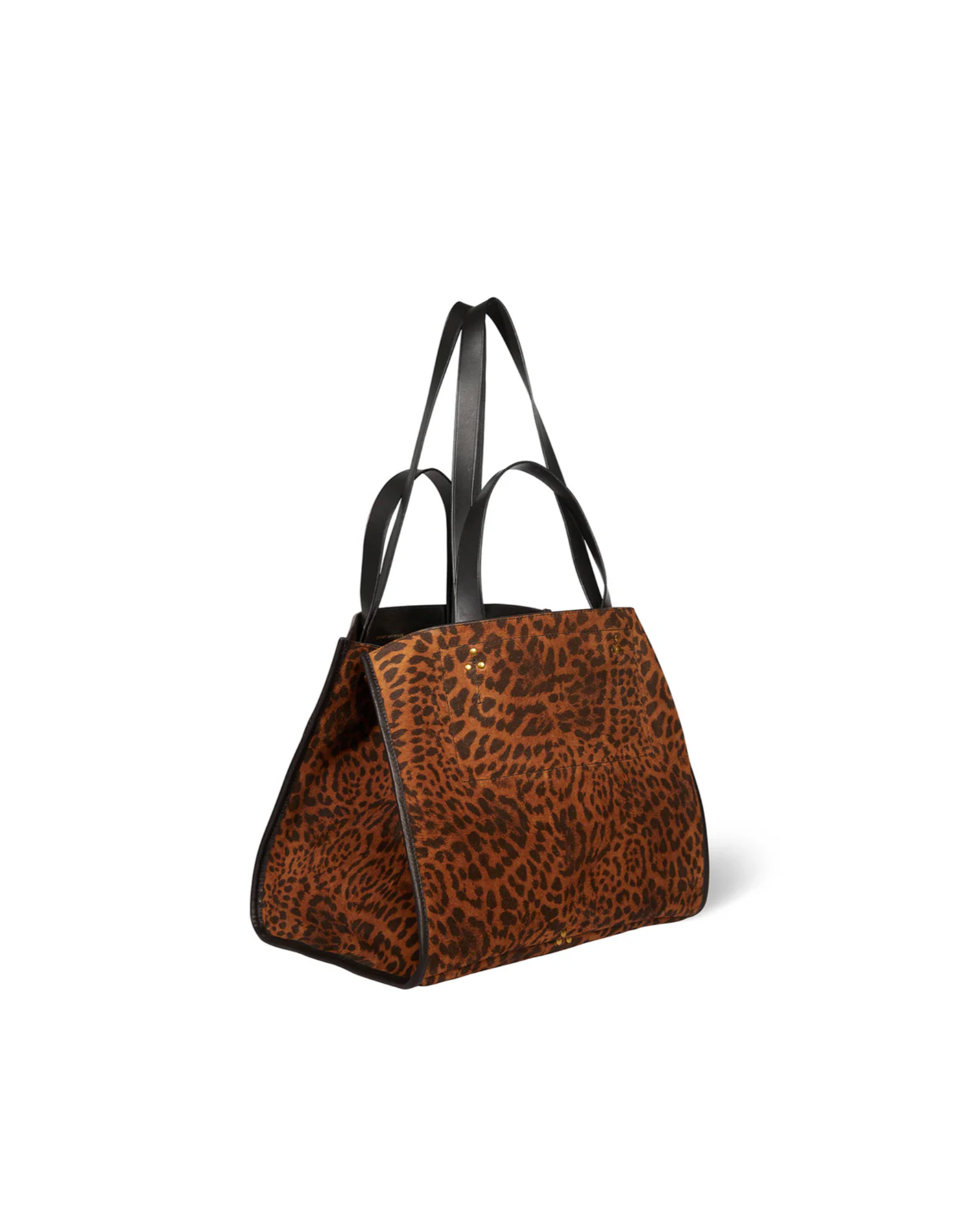 The Jerome Dreyfuss Leon S is a brown tote bag crafted from calf split leather with a black abstract animal print, black handles, and a structured triangular shape, shown against a plain white background.