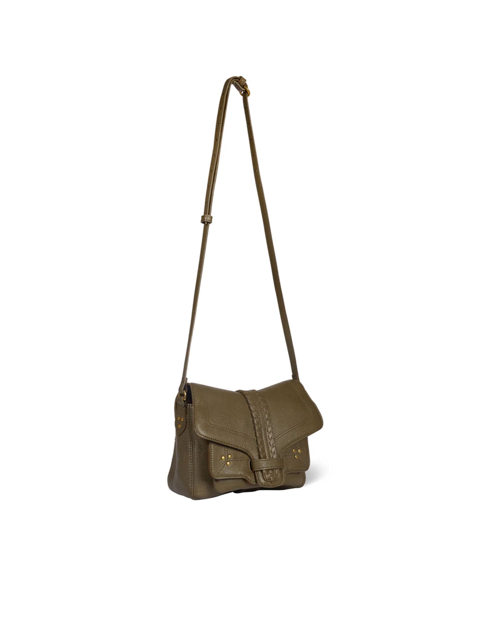 The Harry Handbag by Jerome Dreyfuss is a small olive green goatskin crossbody with a long adjustable strap, front flap closure, decorative stitching, and two gold-studded front pockets.