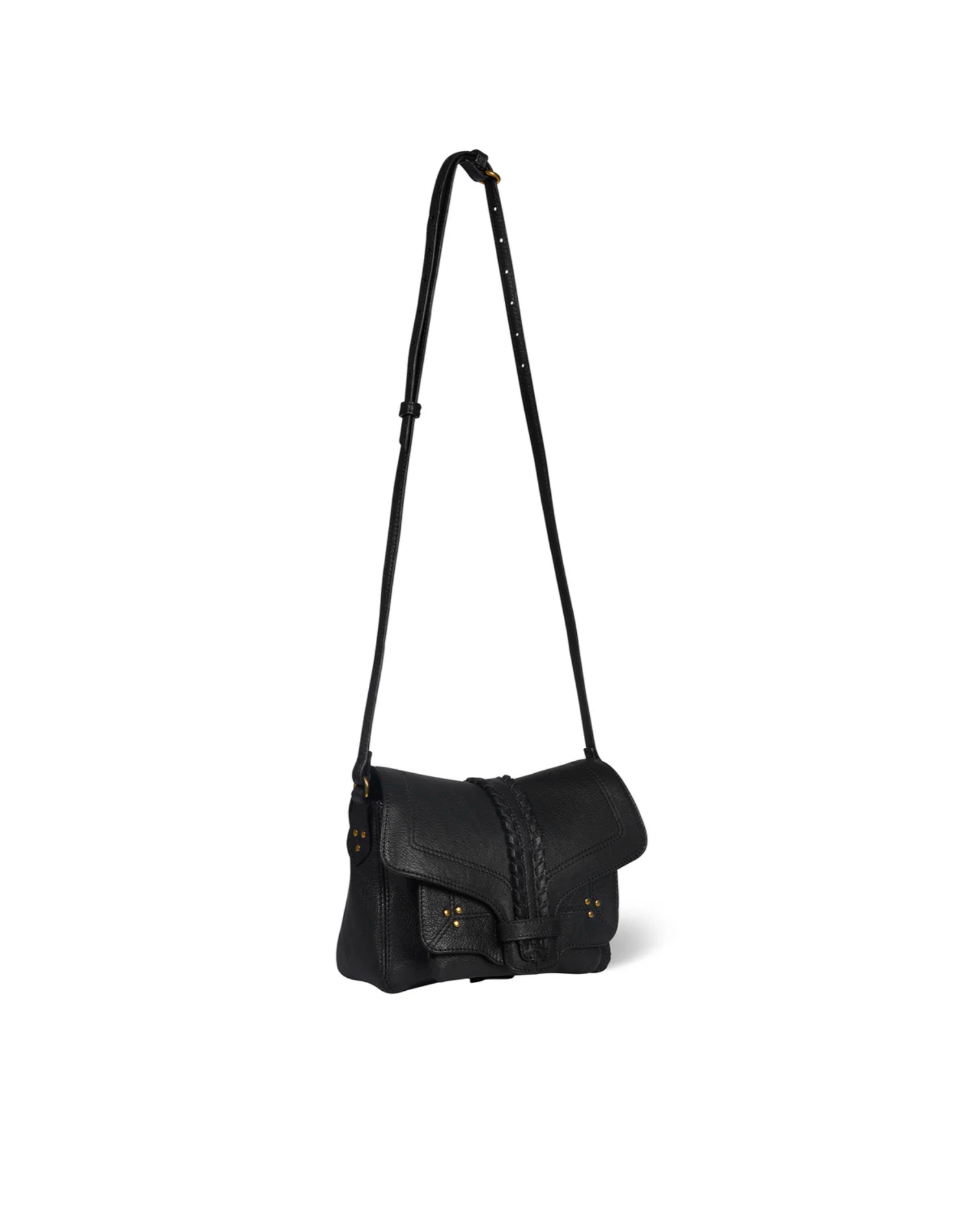 The Harry Handbag by Jerome Dreyfuss is a black goatskin crossbody with a long adjustable strap, front flap closure, decorative stitching, and two front pockets accented with gold-tone details.