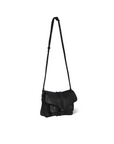 The Harry Handbag by Jerome Dreyfuss is a black goatskin crossbody with a long adjustable strap, front flap closure, decorative stitching, and two front pockets accented with gold-tone details.