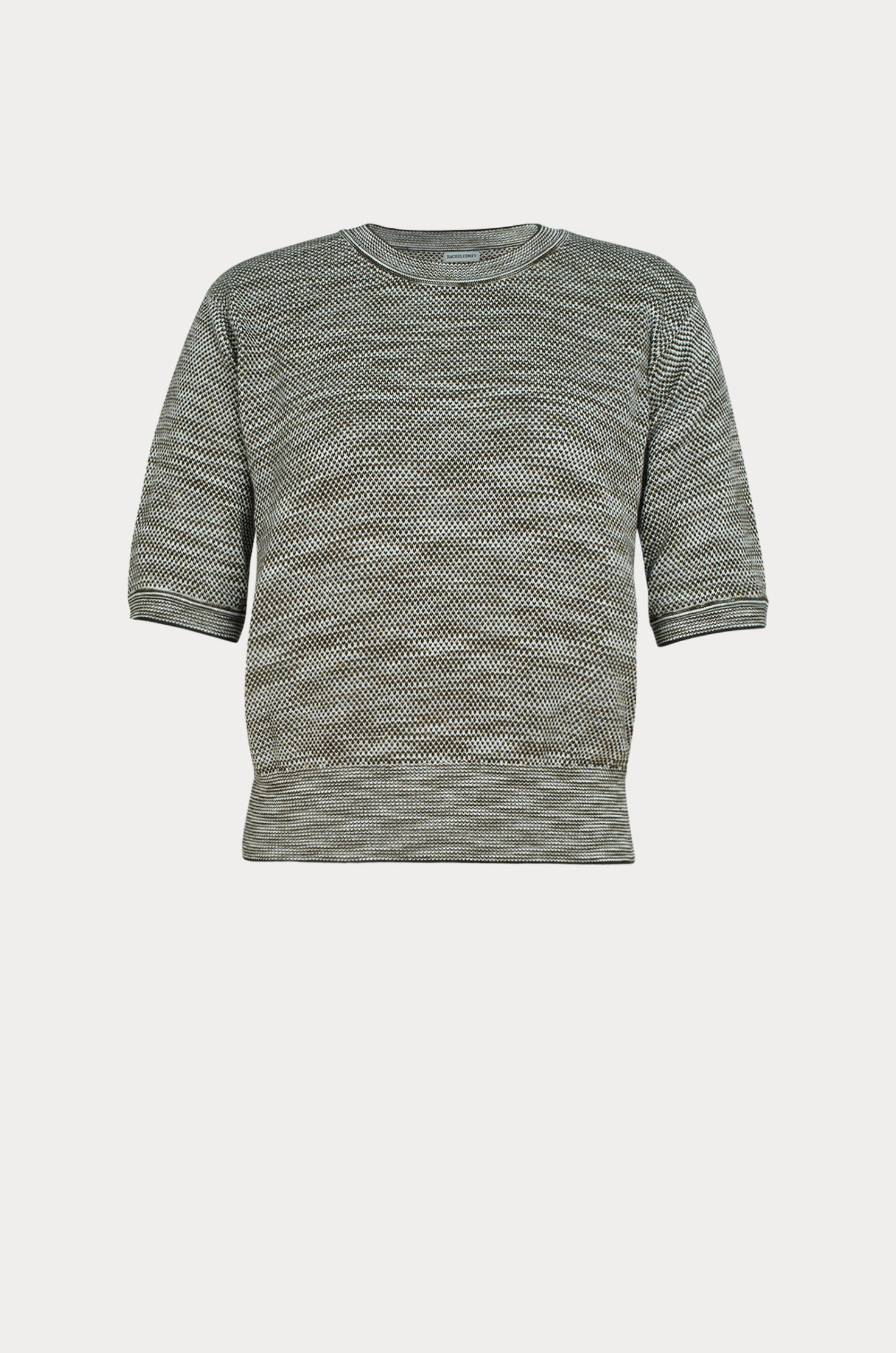 The Jeram Top by Rachel Comey is a short-sleeved knit with a crew neckline in textured grey and white cotton tweed, shown on a plain white background.