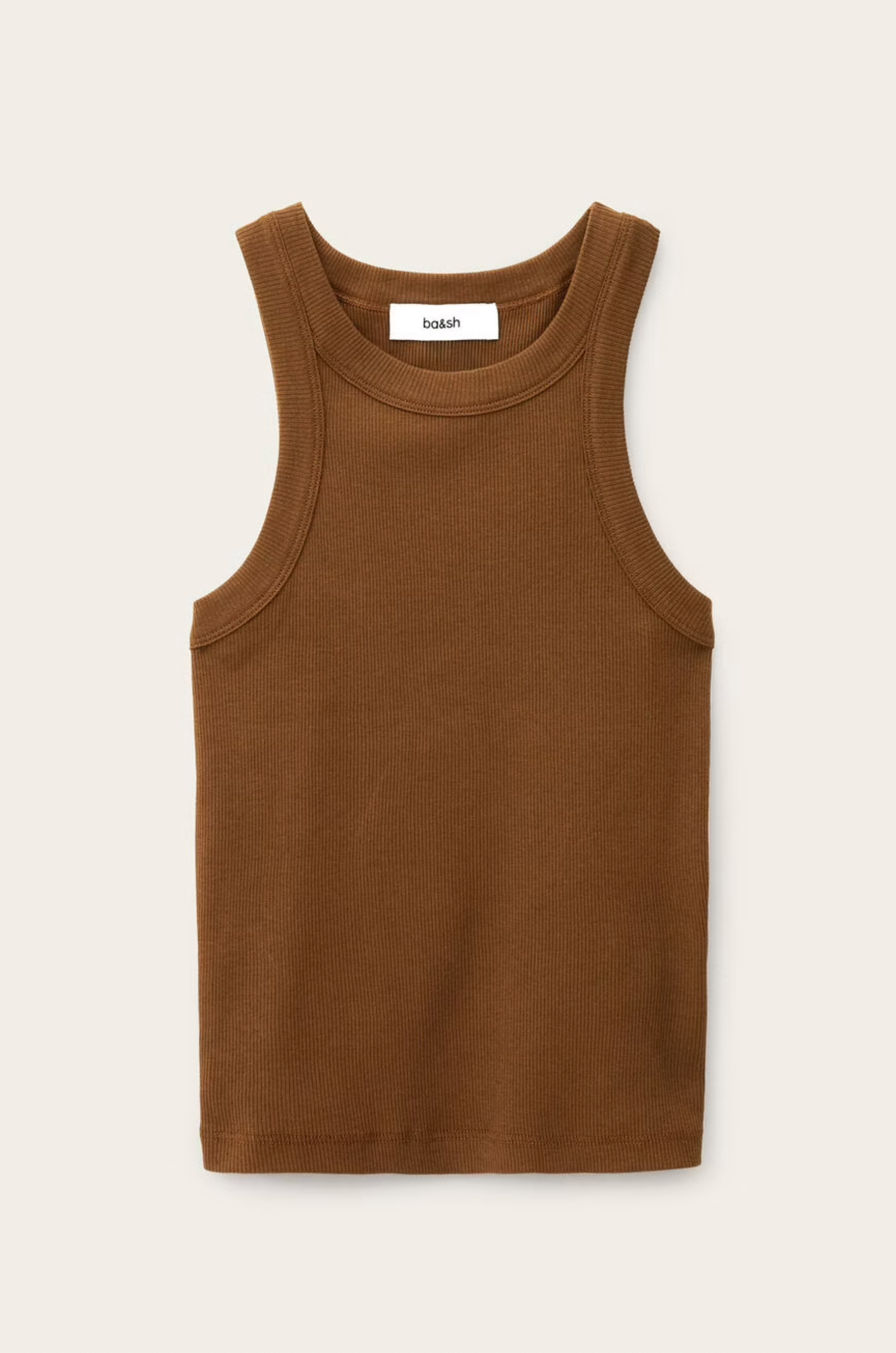 The BA&SH Top Cynda is a sleeveless, ribbed brown tank with a round neckline, shown flat on a beige background. Made from eco-friendly fabric for modern bohemian style, it features a visible white tag with text inside the collar.