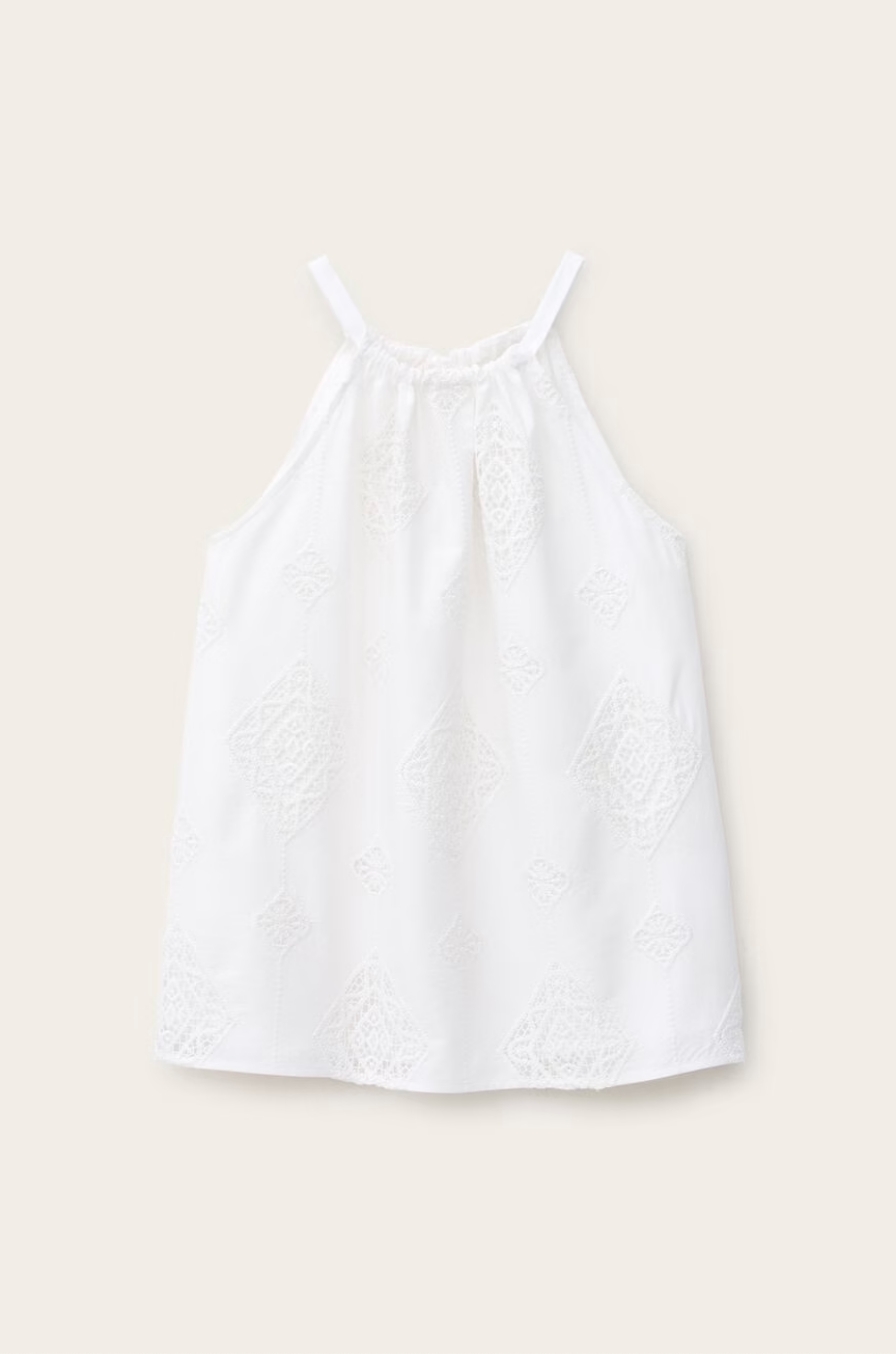 The BA&SH Top Maxi is a white sleeveless cami featuring thin straps and subtle broderie anglaise diamond patterns, shown against a plain light background.