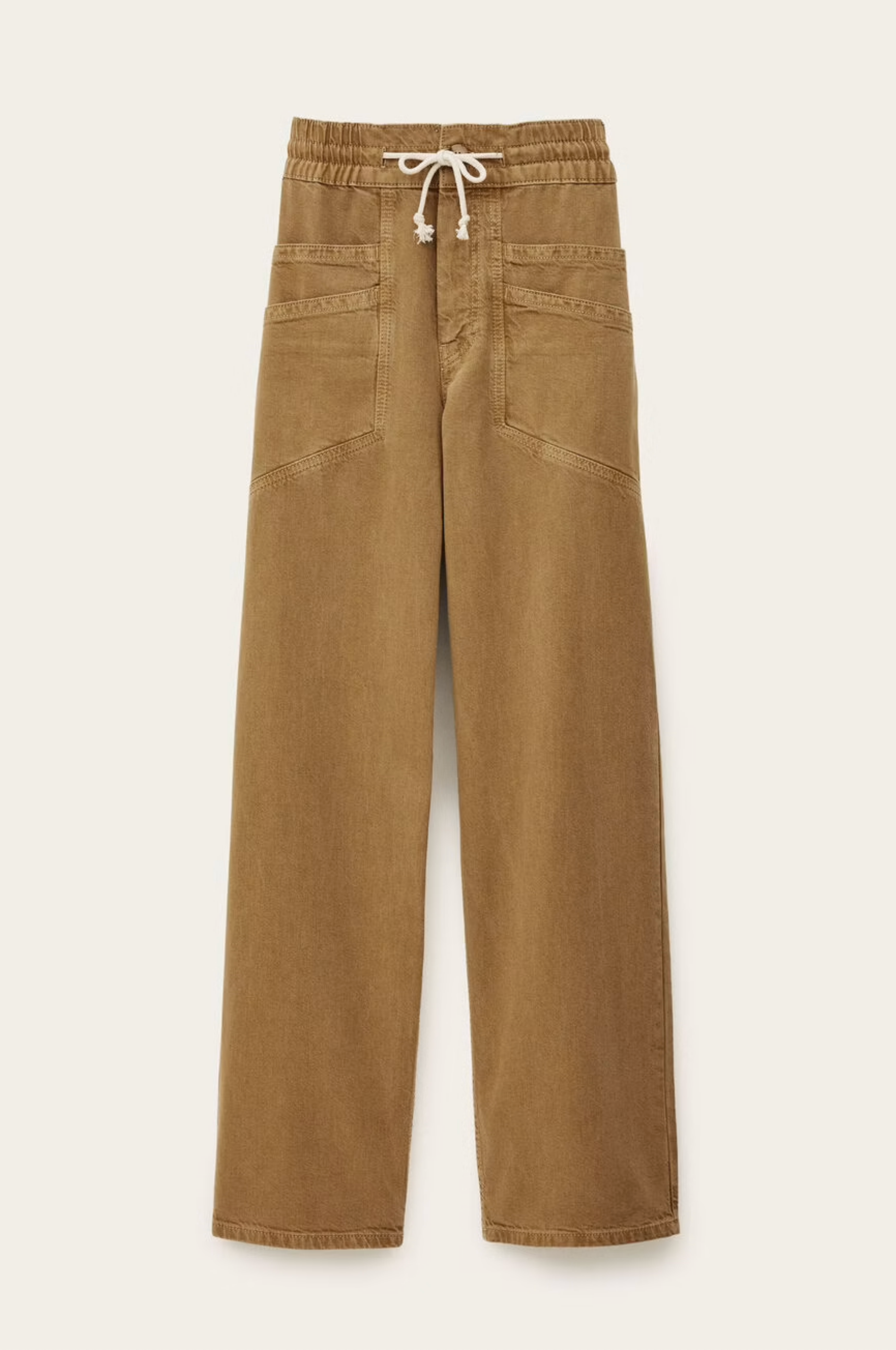 The BA&SH Pant Fima is a pair of brown, wide-leg, high-waist pants with an elastic drawstring, large front pockets, and visible stitching in soft cotton linen, shown against a plain light background.