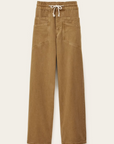 The BA&SH Pant Fima is a pair of brown, wide-leg, high-waist pants with an elastic drawstring, large front pockets, and visible stitching in soft cotton linen, shown against a plain light background.