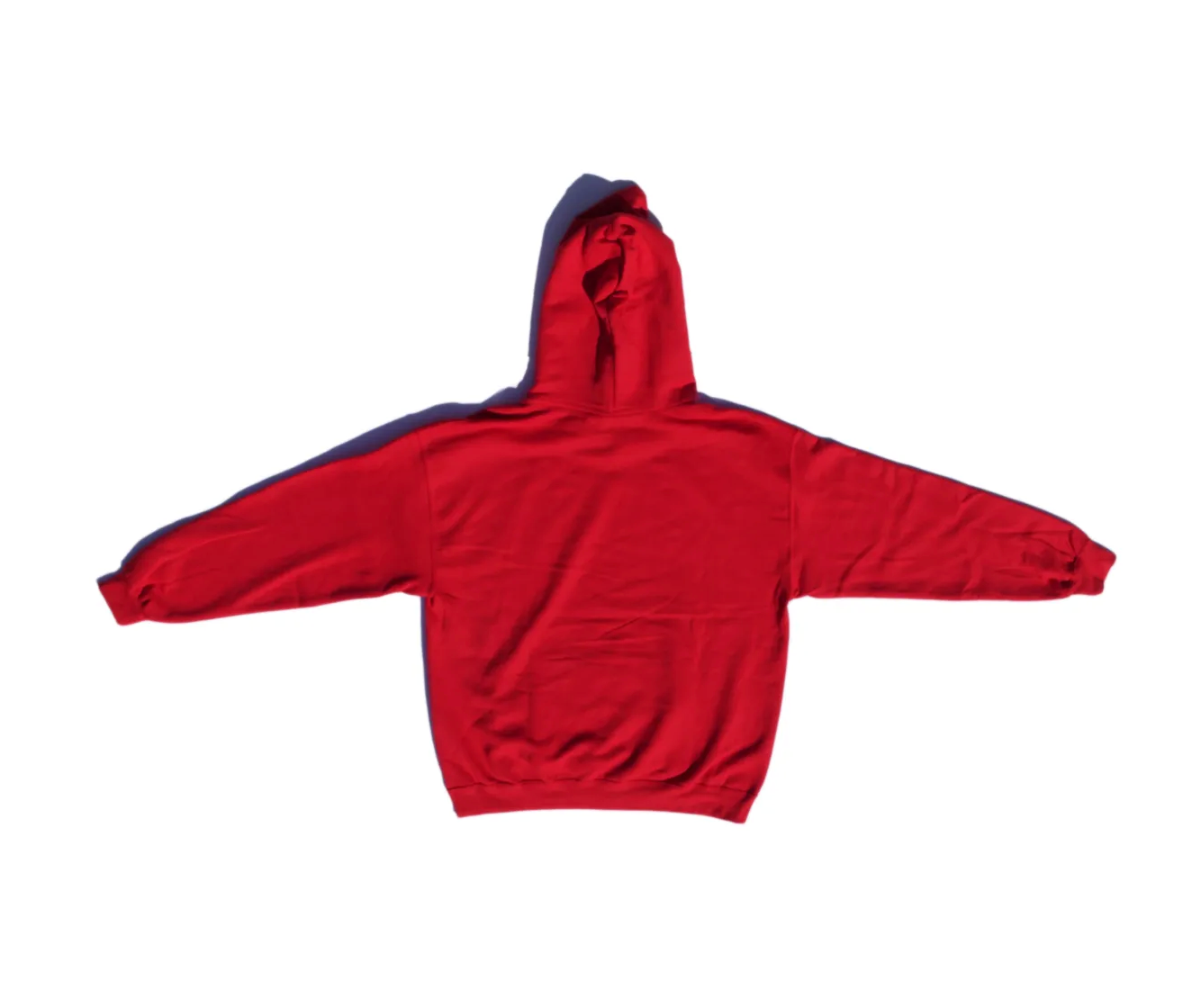 The Ping Pong Surf Club Wet Suit &amp; Cowboy Boots Hoodie, in vibrant red cotton-polyester, is shown laid flat with sleeves and hood extended, back view on a white background.
