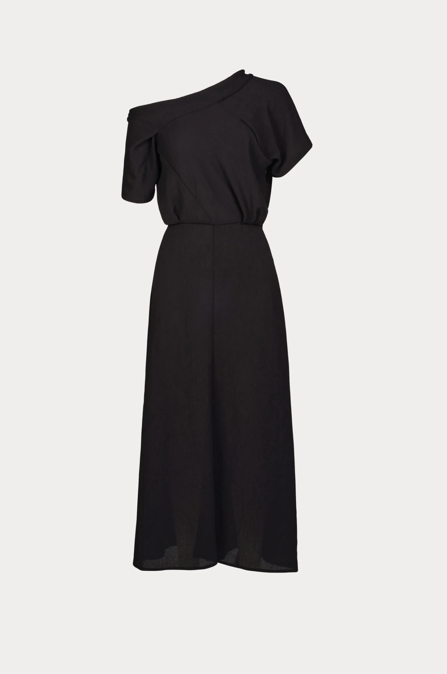 Black off-the-shoulder midi dress in crinkled crepe with fitted waist by Rachel Comey, Pout Dress.