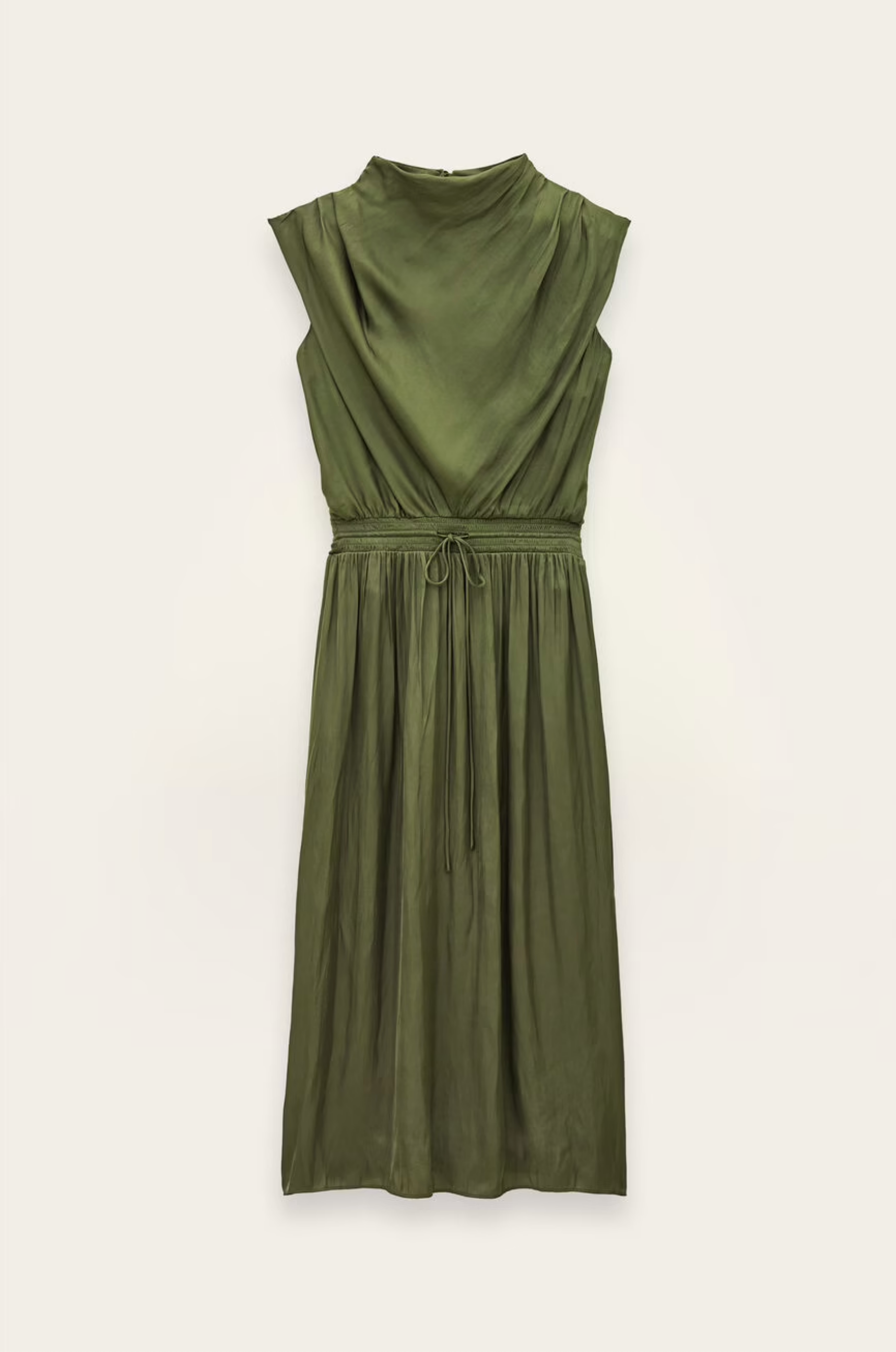 Olive green sleeveless midi dress with gathered waist and draped collar by BA&amp;SH, Celea style.