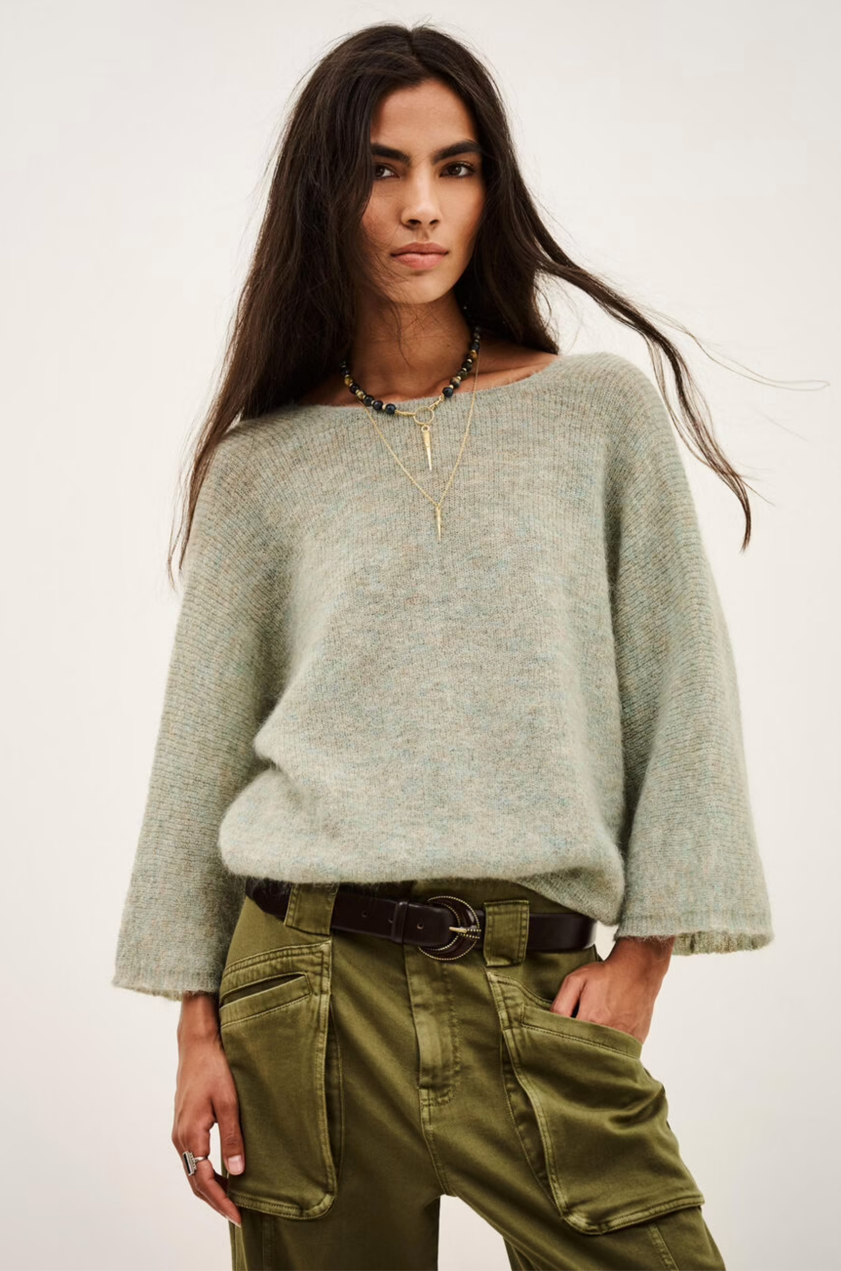 BA&amp;SH Isaac cardigan in cream with olive pants and layered necklaces; effortless, modern style at Bungalow Furniture.