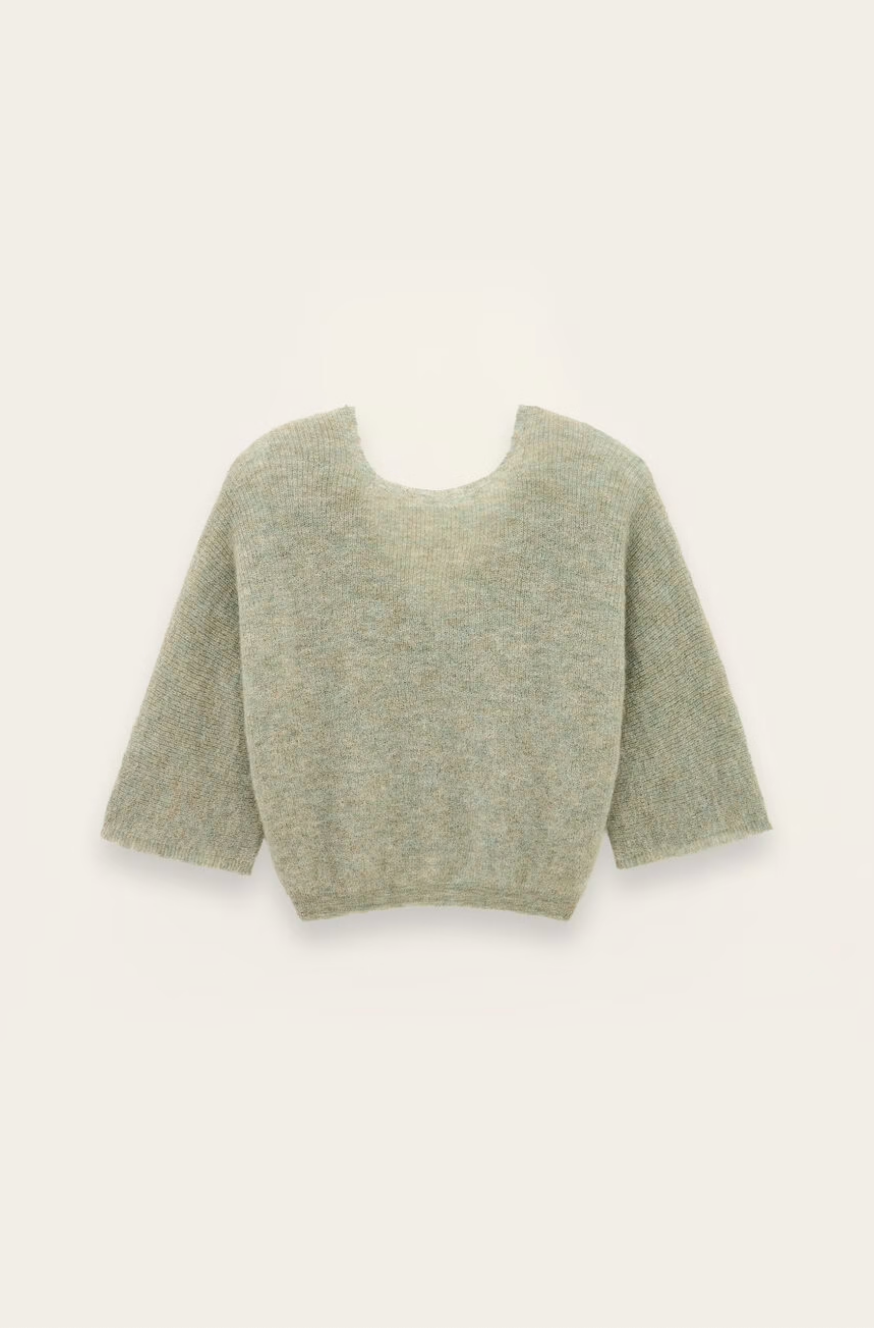 Light grayish-green mohair alpaca cardigan with wide neckline and three-quarter sleeves by BA&amp;SH, Isaac style.