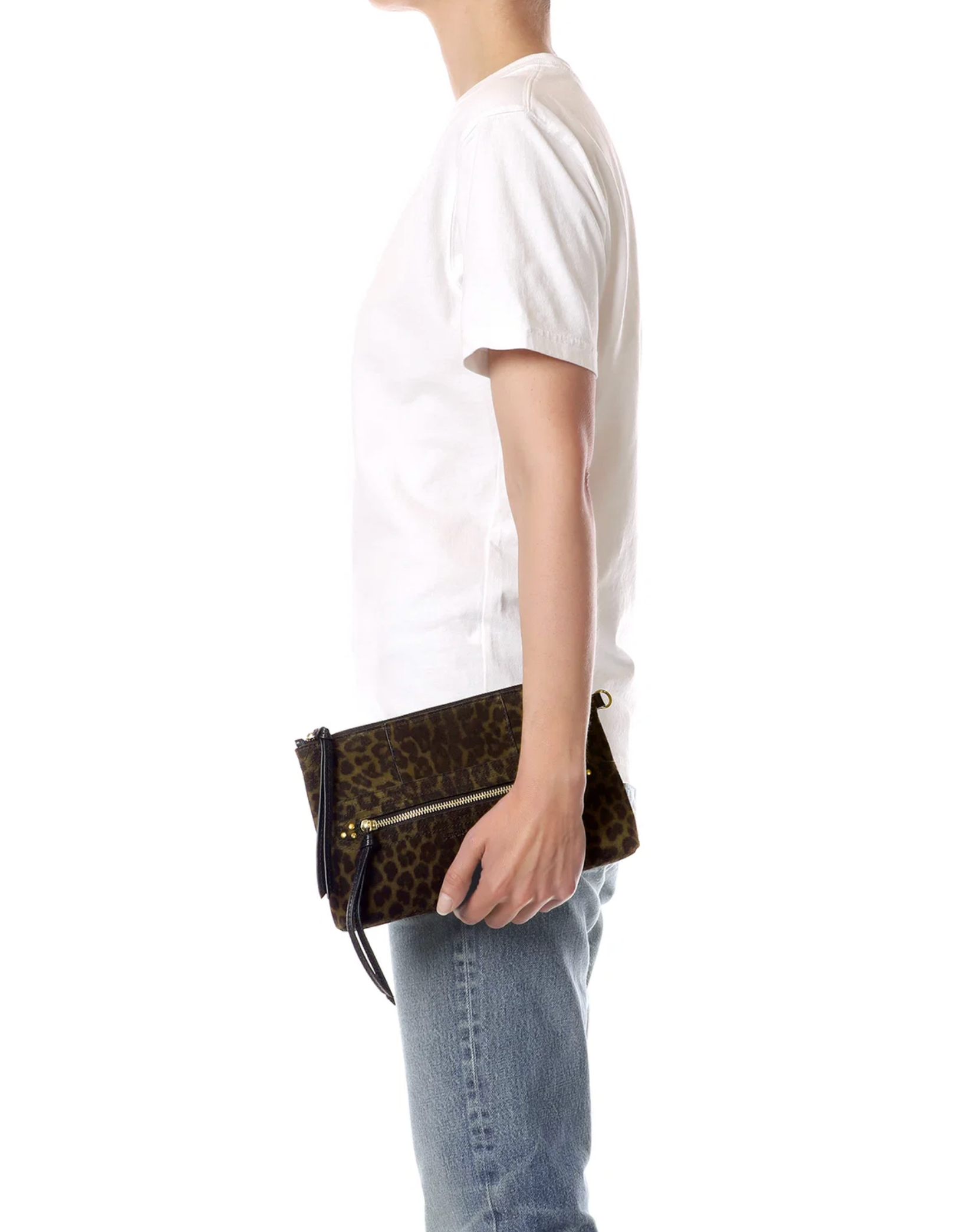 Jerome Dreyfuss Lucky Clutch L with zip closure, held by person in white tee and jeans against a white backdrop.
